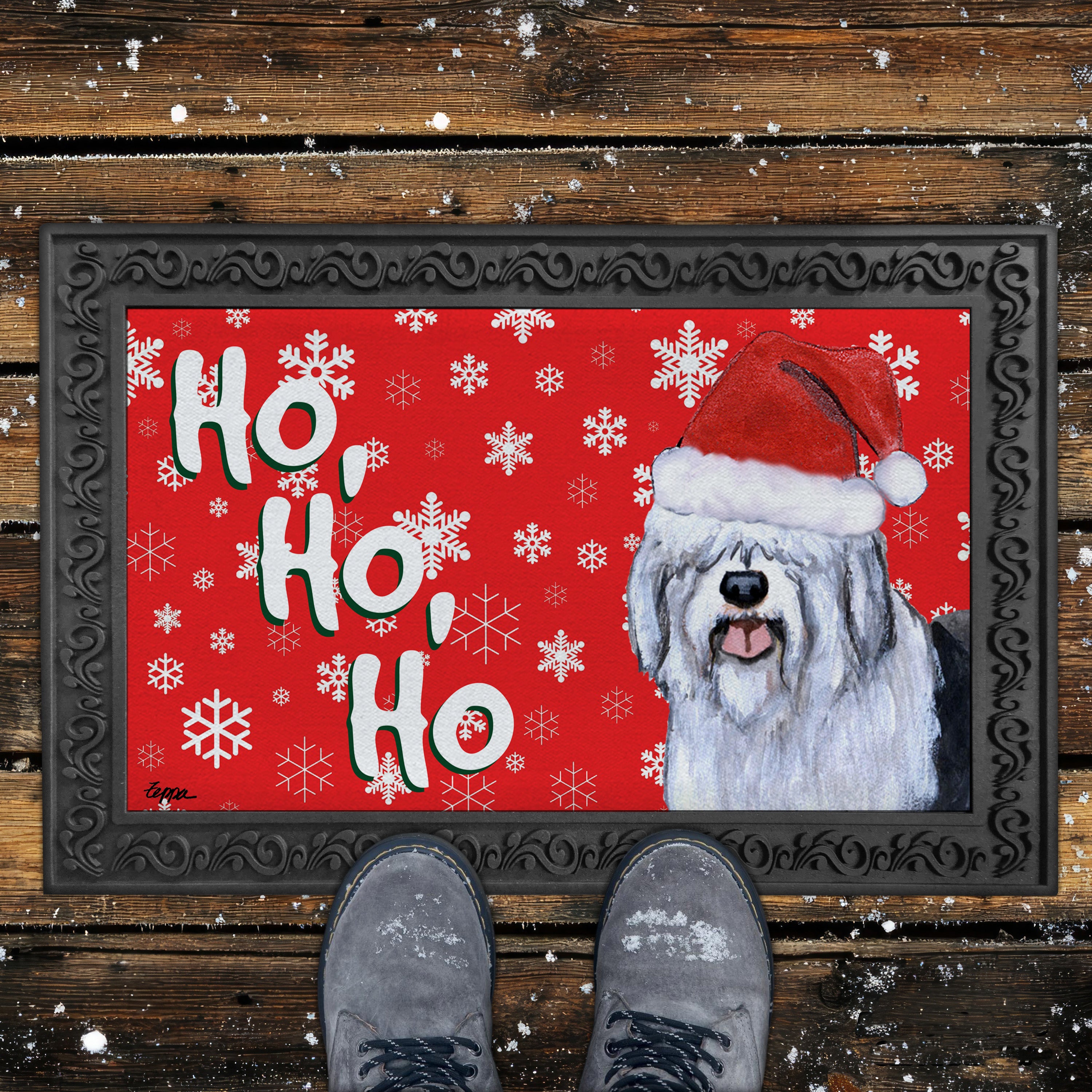 Old English Sheepdog Ho Ho Ho Door Mat in Red