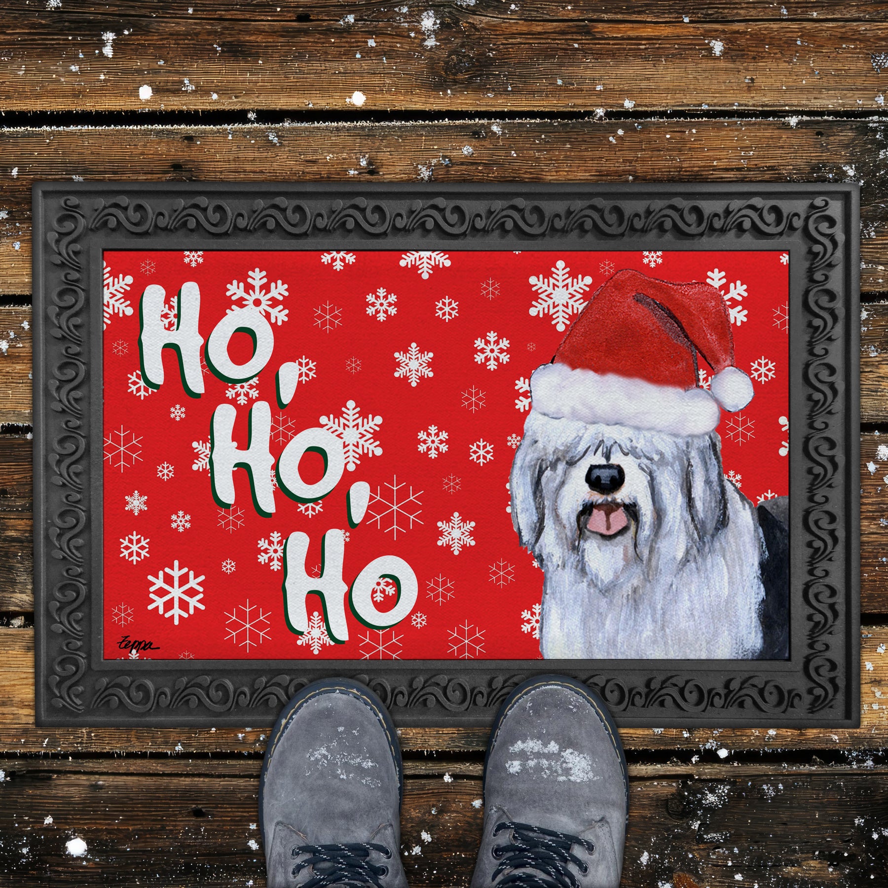 Old English Sheepdog Ho Ho Ho Door Mat in Red
