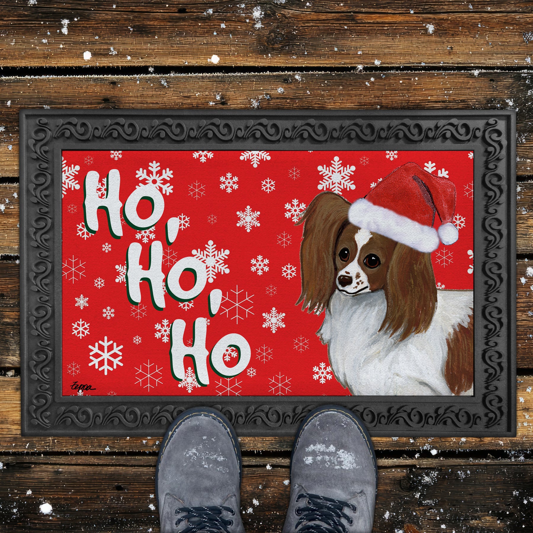 Red and White Papillon Ho Ho Ho Doormat in Red