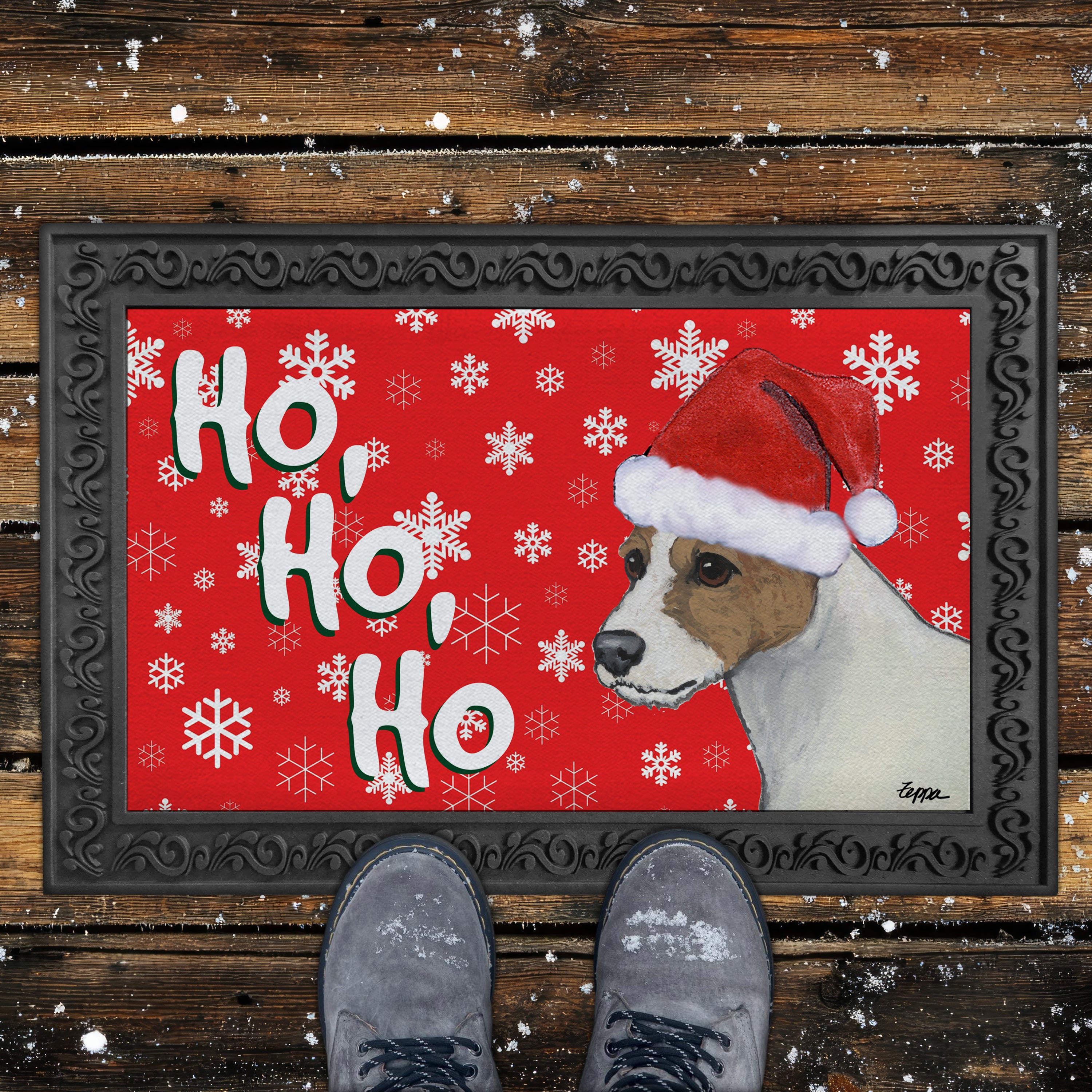 Parson Russell Terrier Ho Ho Ho Door Mat in Red