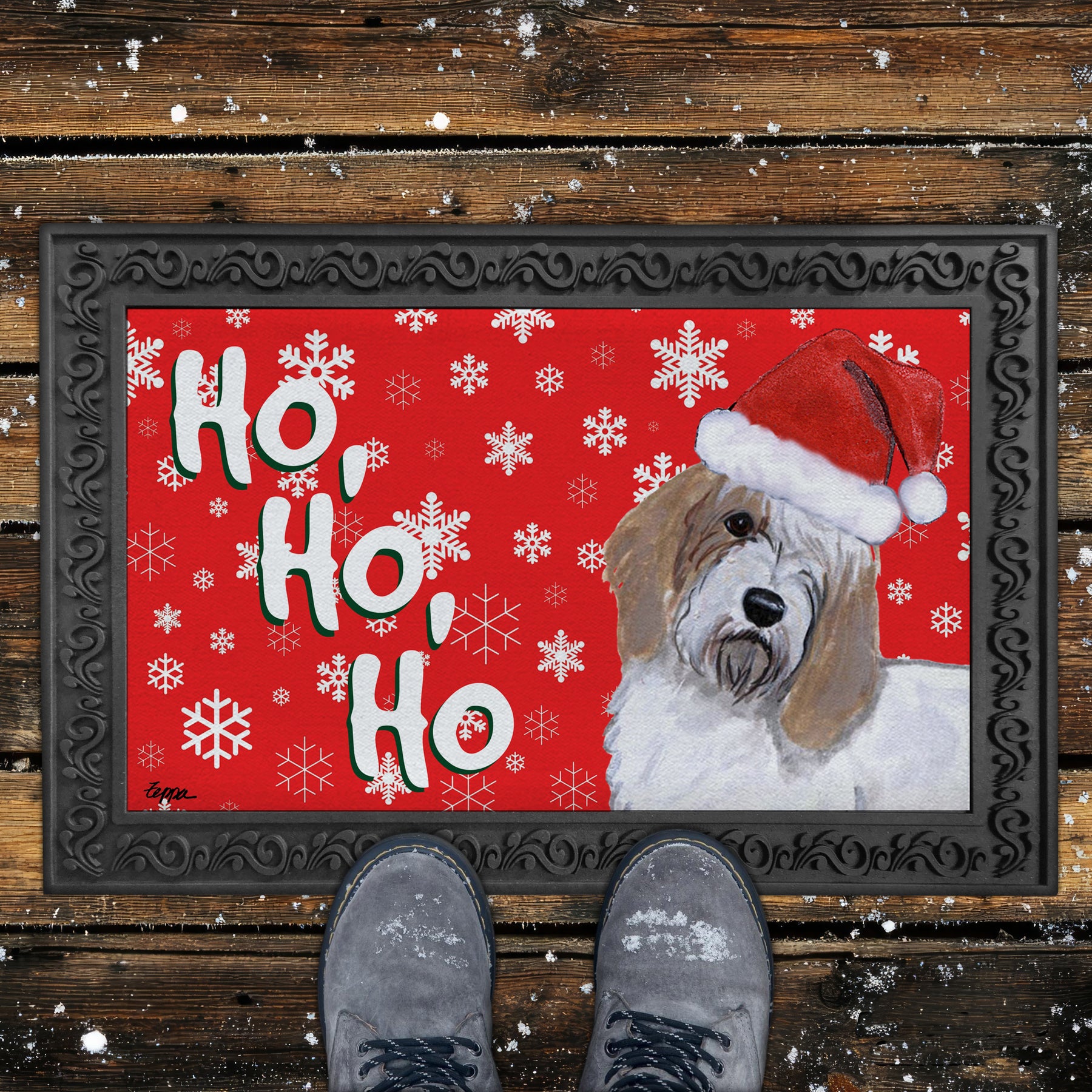 Petite Basset Griffon Vendeen Ho Ho Ho Doormat in Red