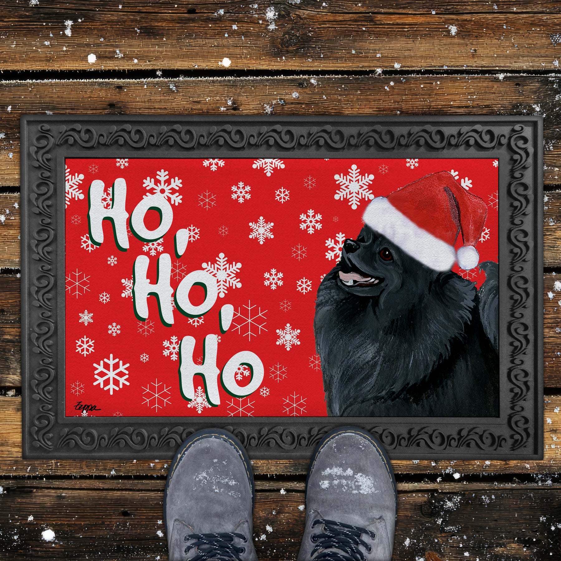 Black Pomeranian Door Mat in Red