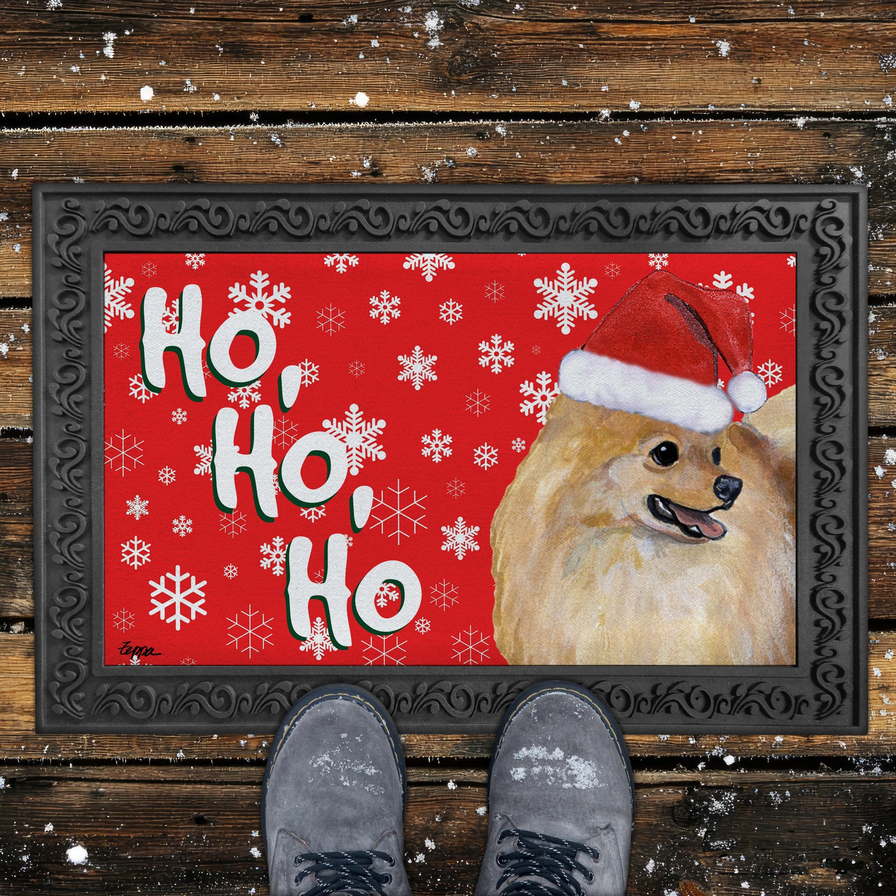 Pomeranian Ho Ho Ho Door Mat in Red