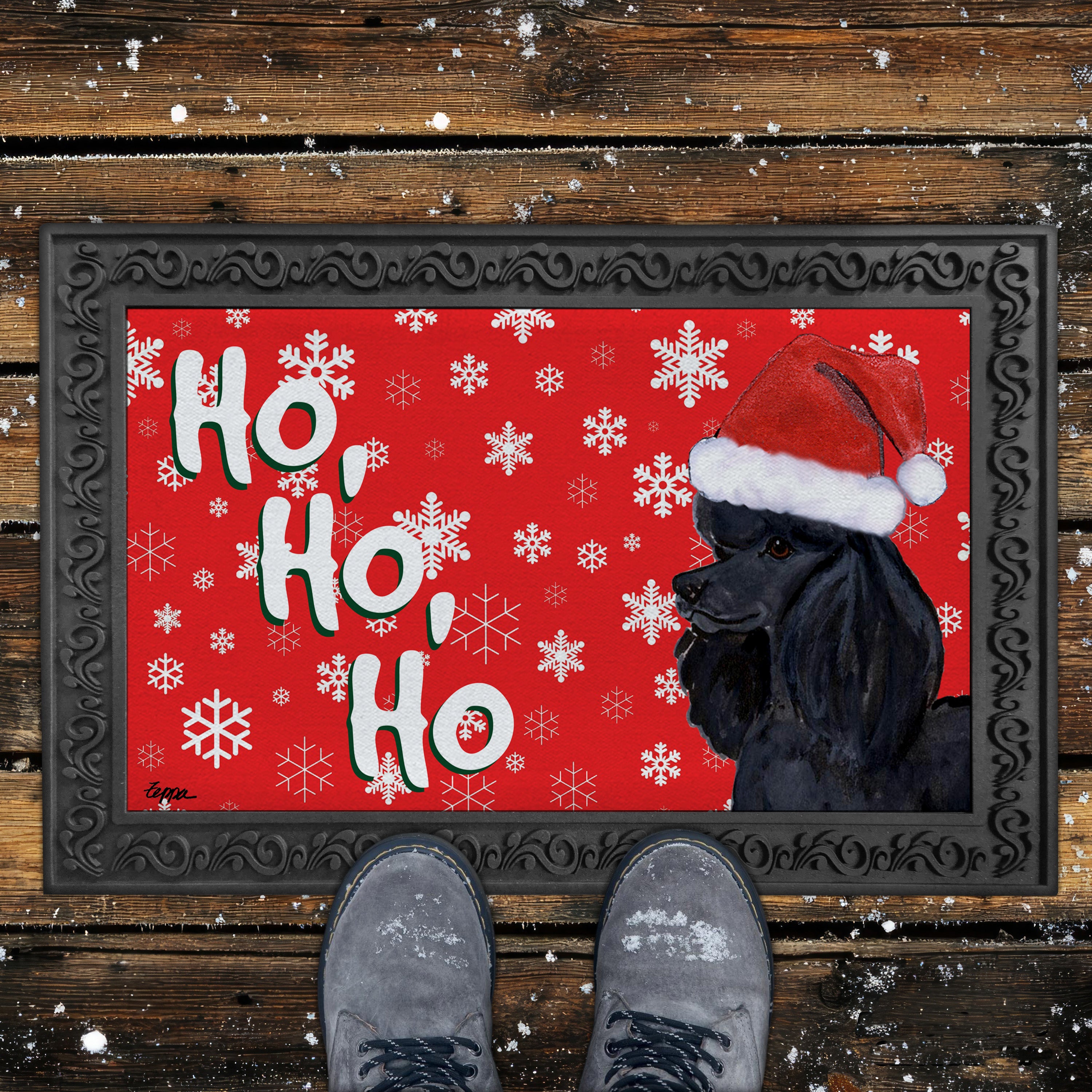 Black Poodle Ho Ho Ho Door Mat in Red
