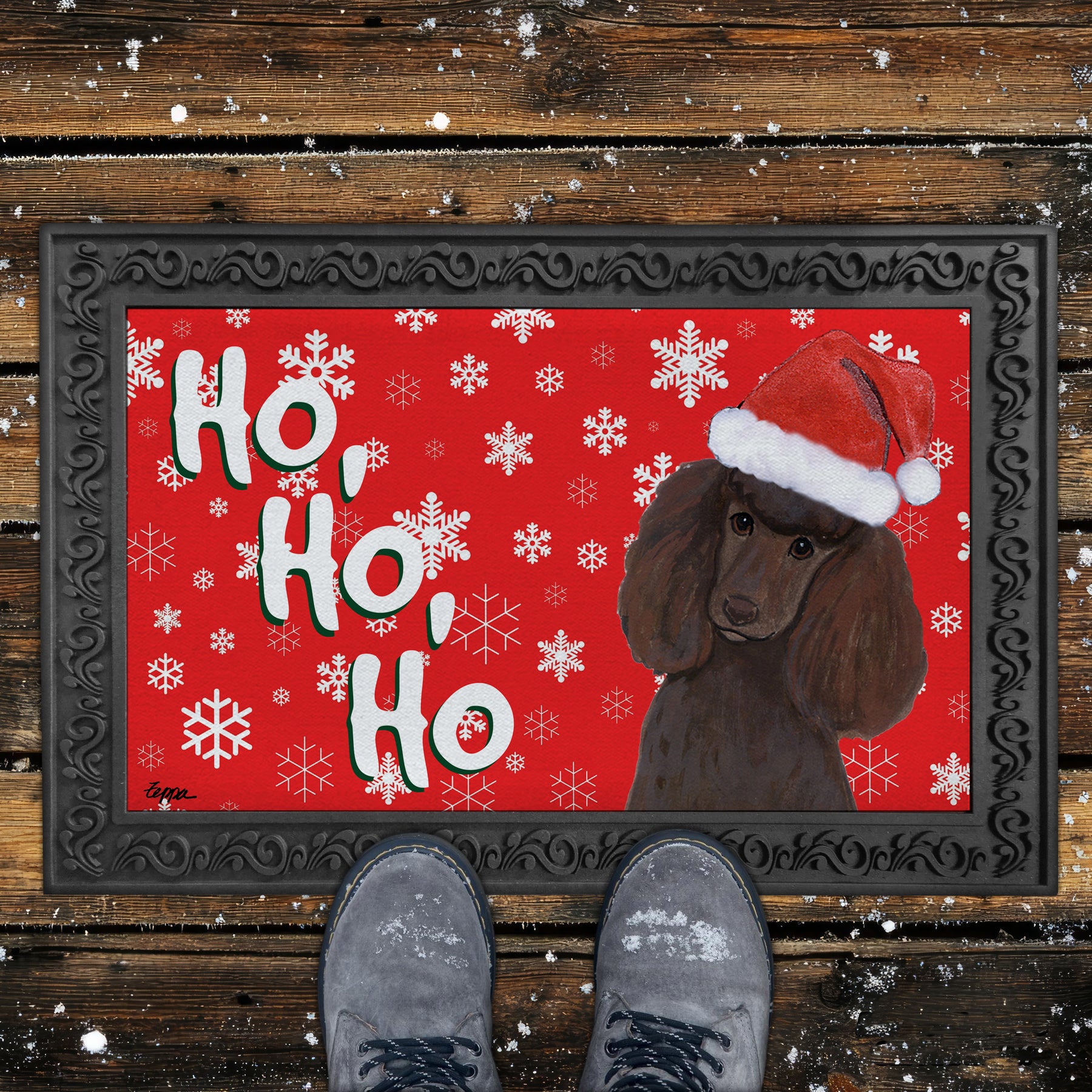 Chocolate Poodle Ho Ho Ho Door Mat in Red
