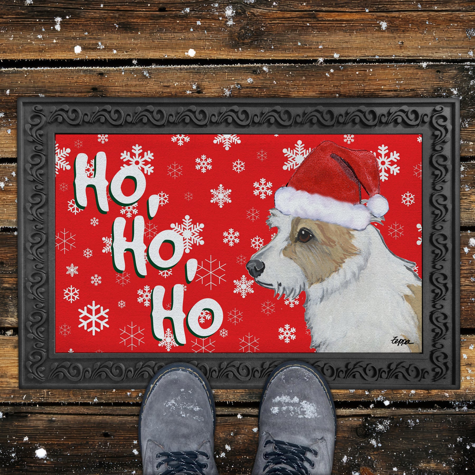 Portuguese Podengo Pequeno Ho Ho Ho Door Mat in Red