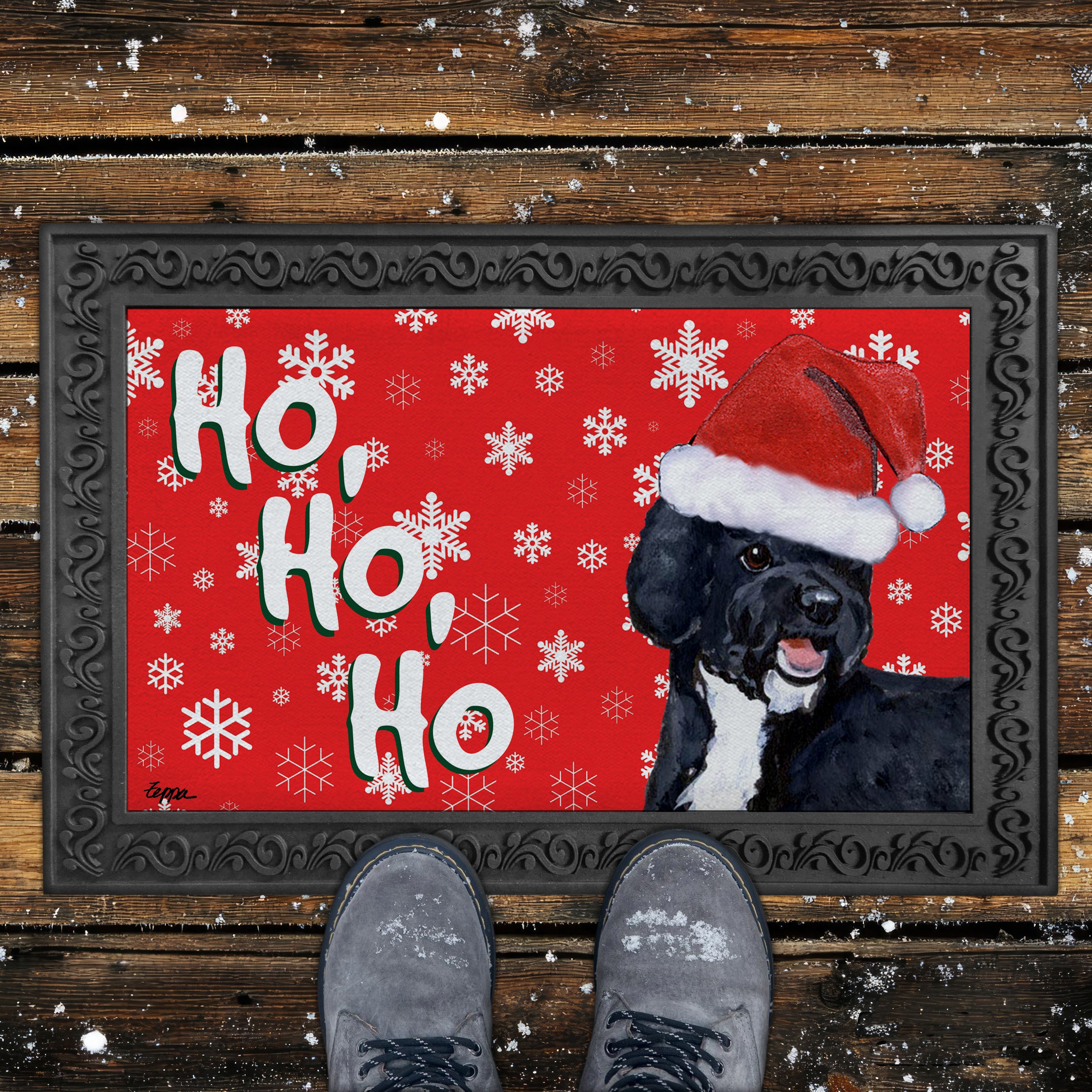 Portuguese Water Dog Ho Ho Ho Door Mat in Red