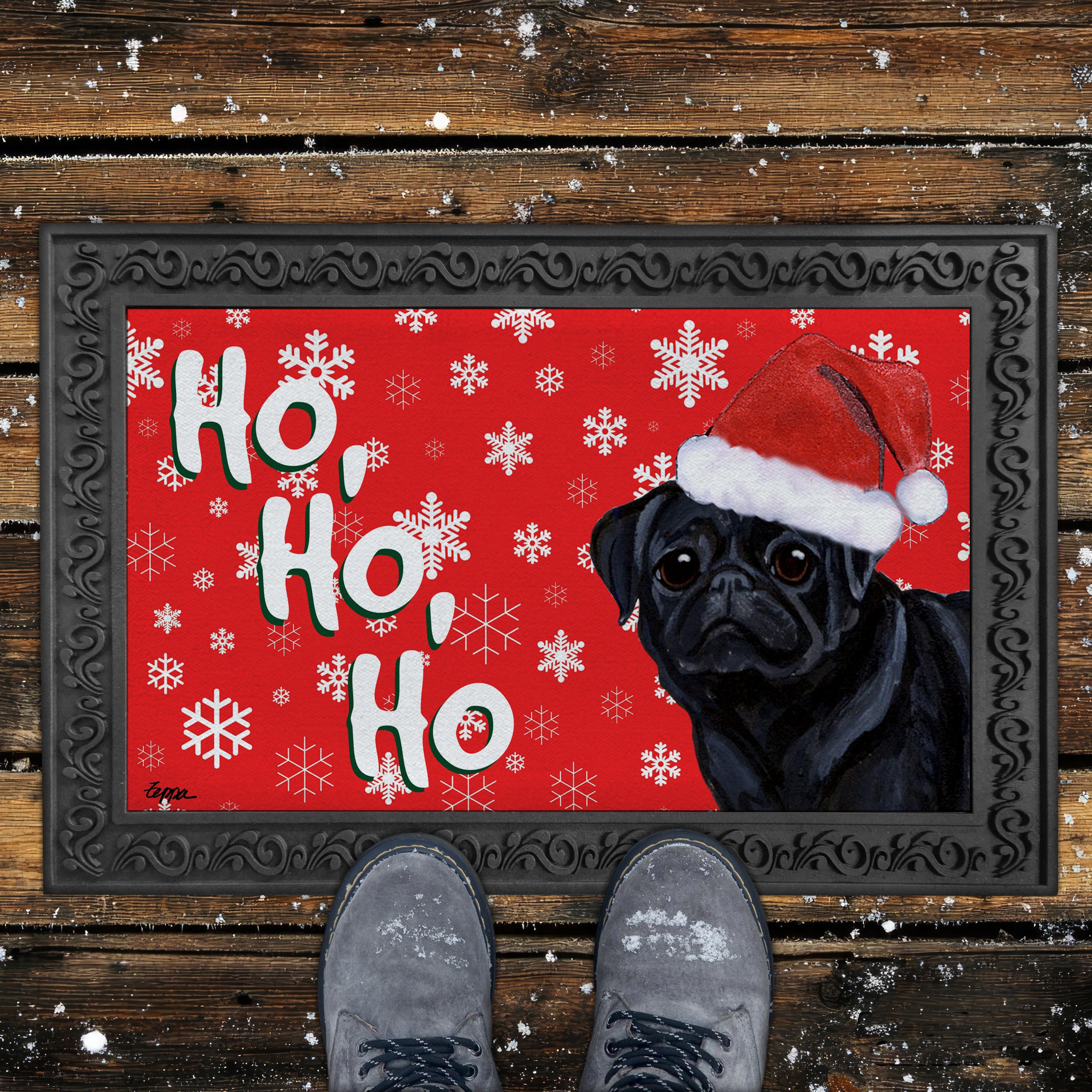 Black Pug Ho Ho Ho Door Mat in Red