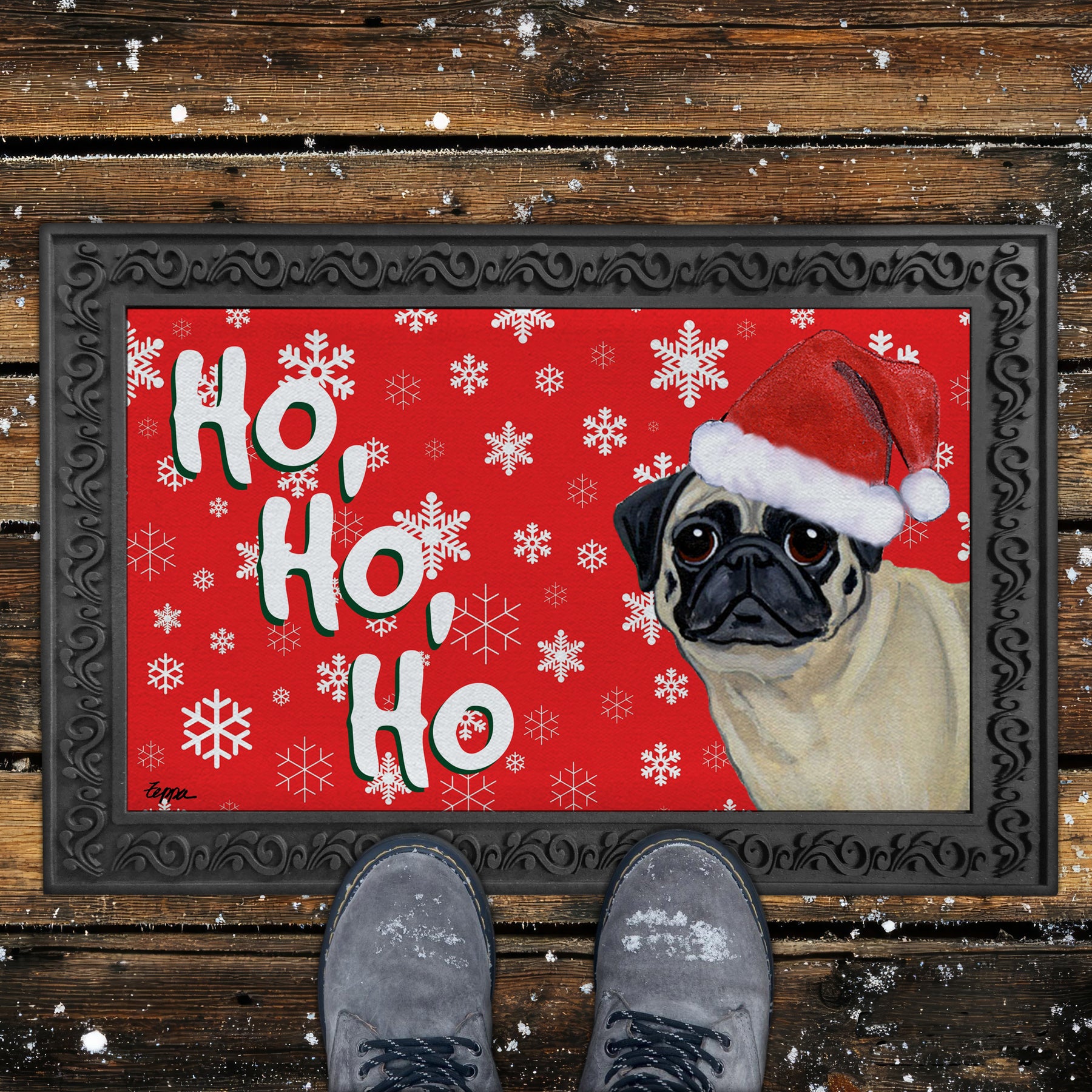 Pug Ho Ho Ho Door Mat in Red