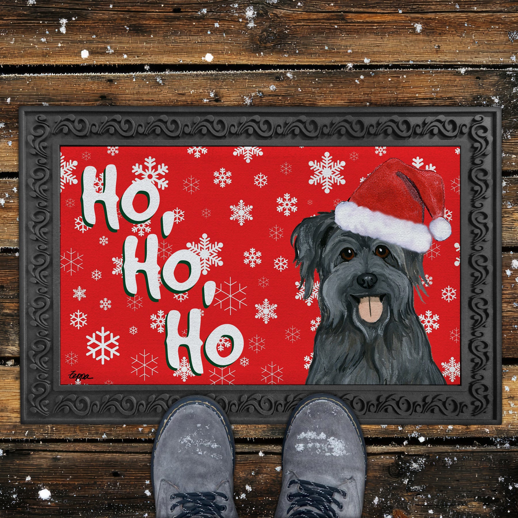 Pyrenean Shepherd Ho Ho Ho Door Mat in Red