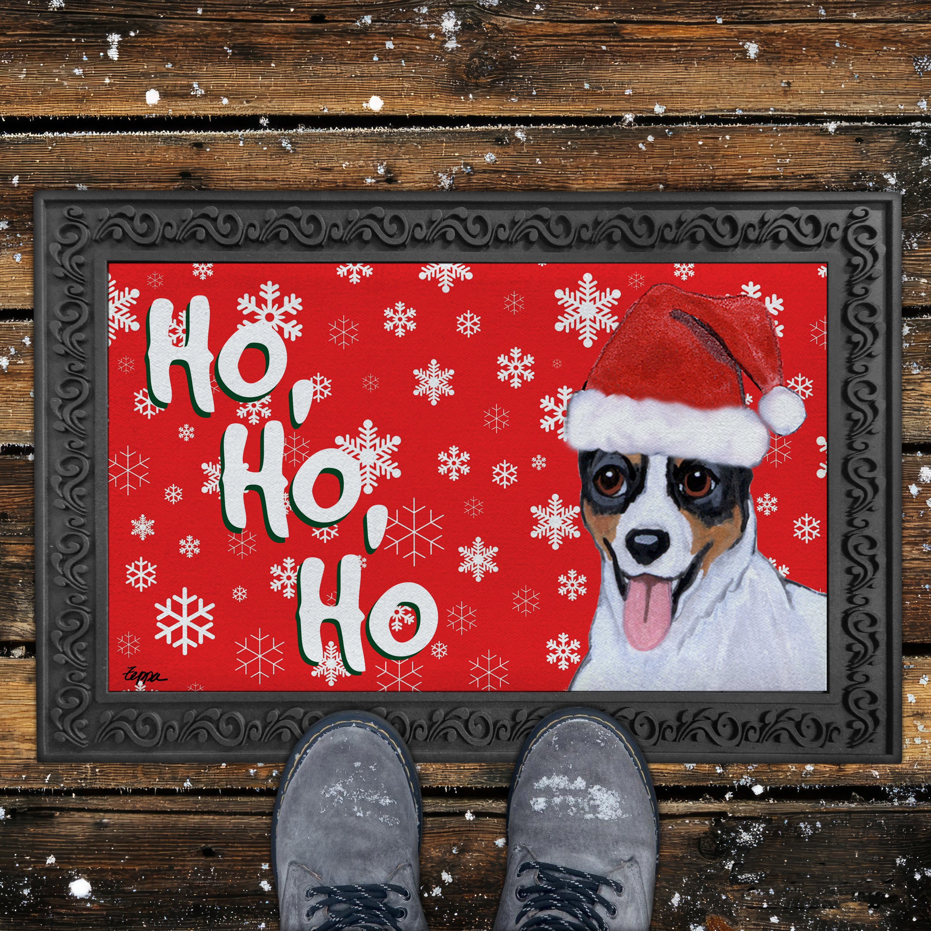 Rat Terrier Ho Ho Ho Door Mat In Red