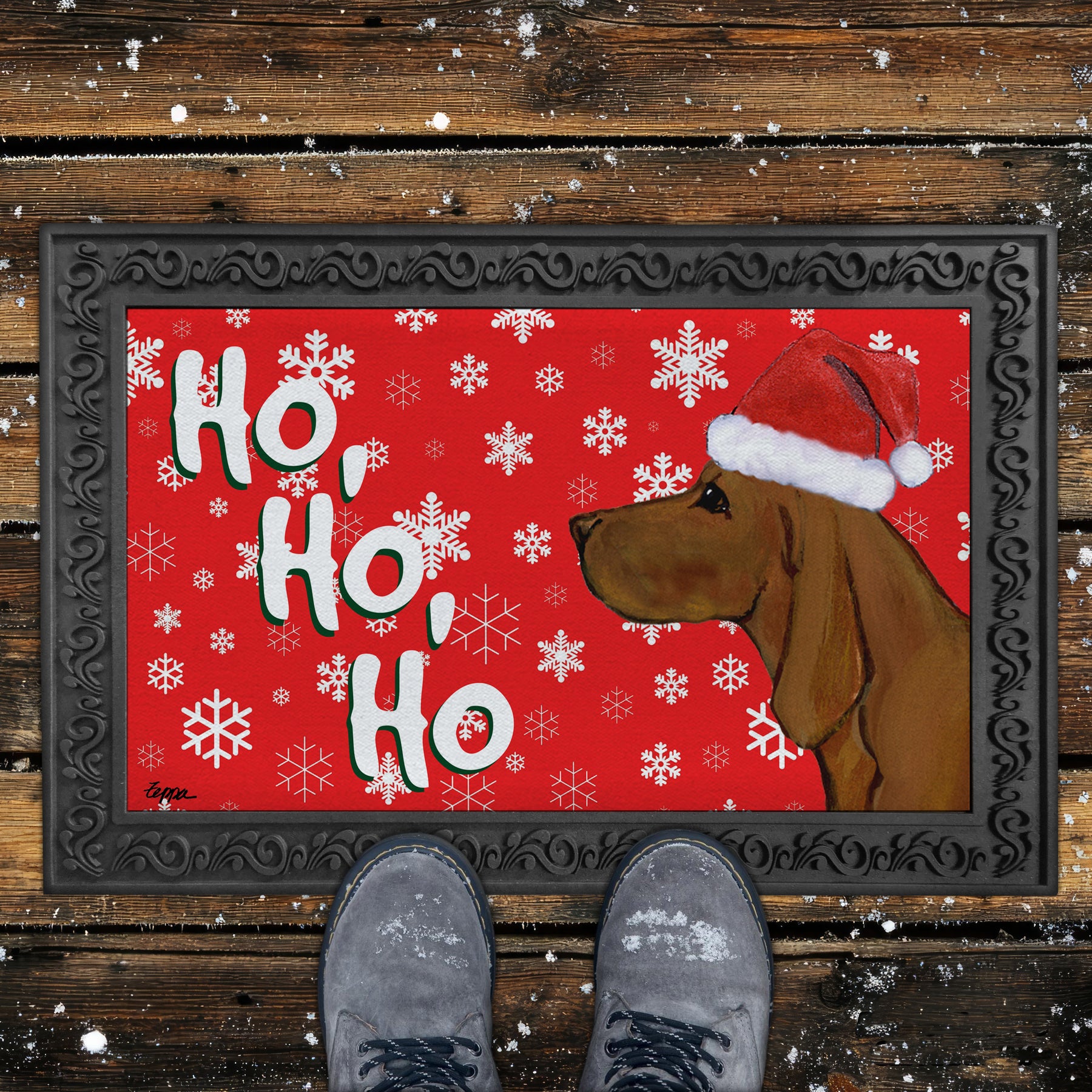Redbone Coonhound Ho Ho Ho Door Mat in Red