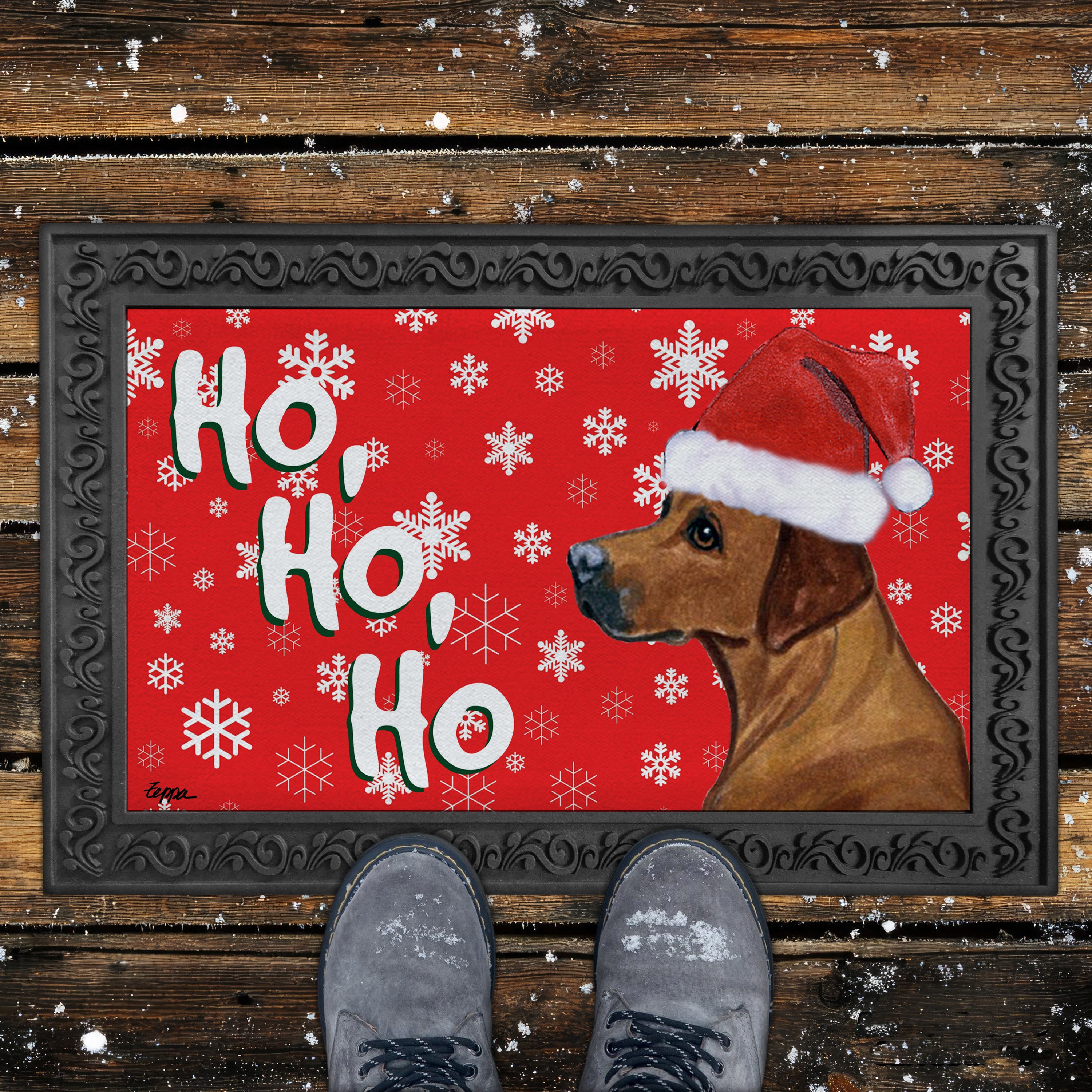 Rhodesian Ridgeback Ho Ho Ho Door Mat in Red