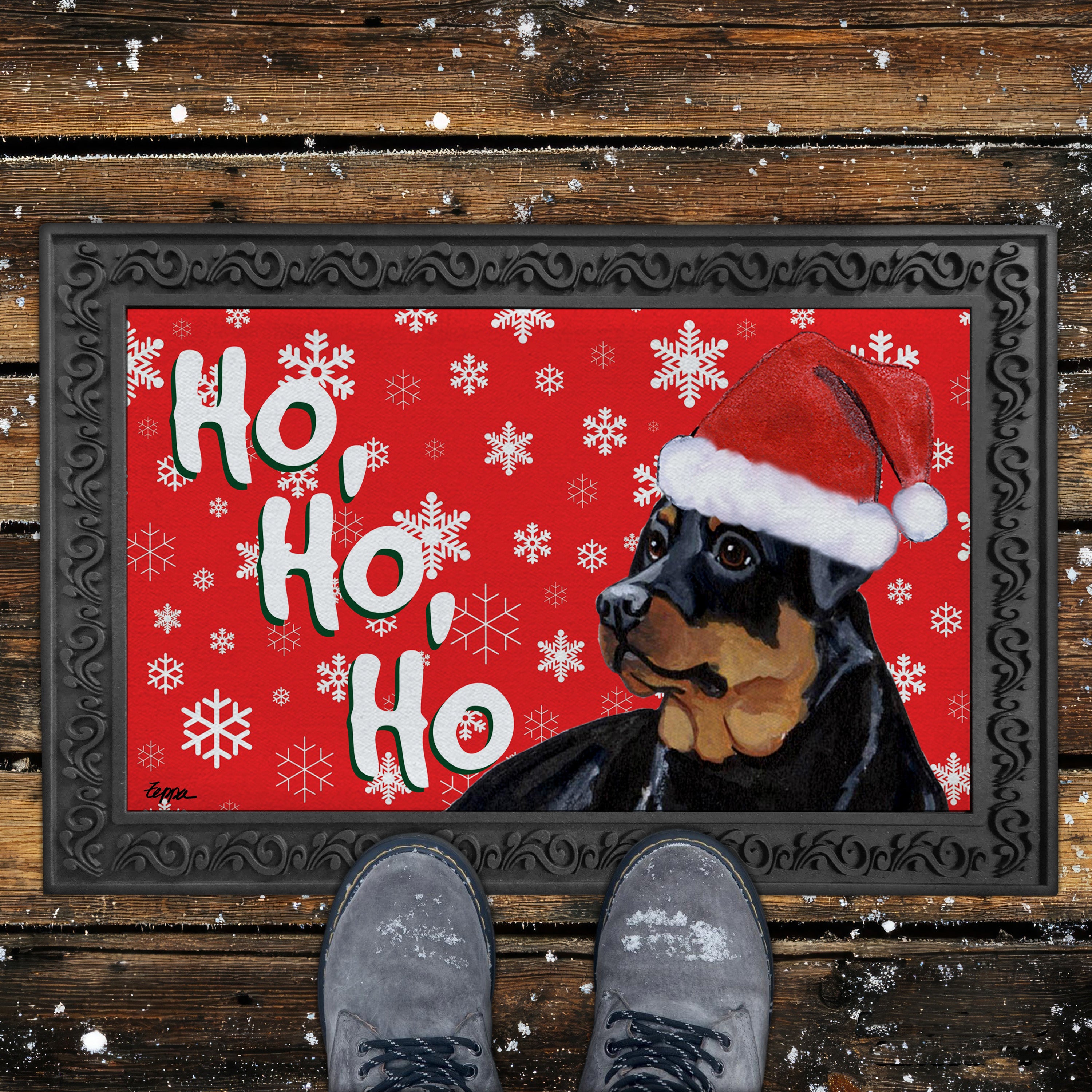 Rottweiler Ho Ho Ho Door Mat in Red