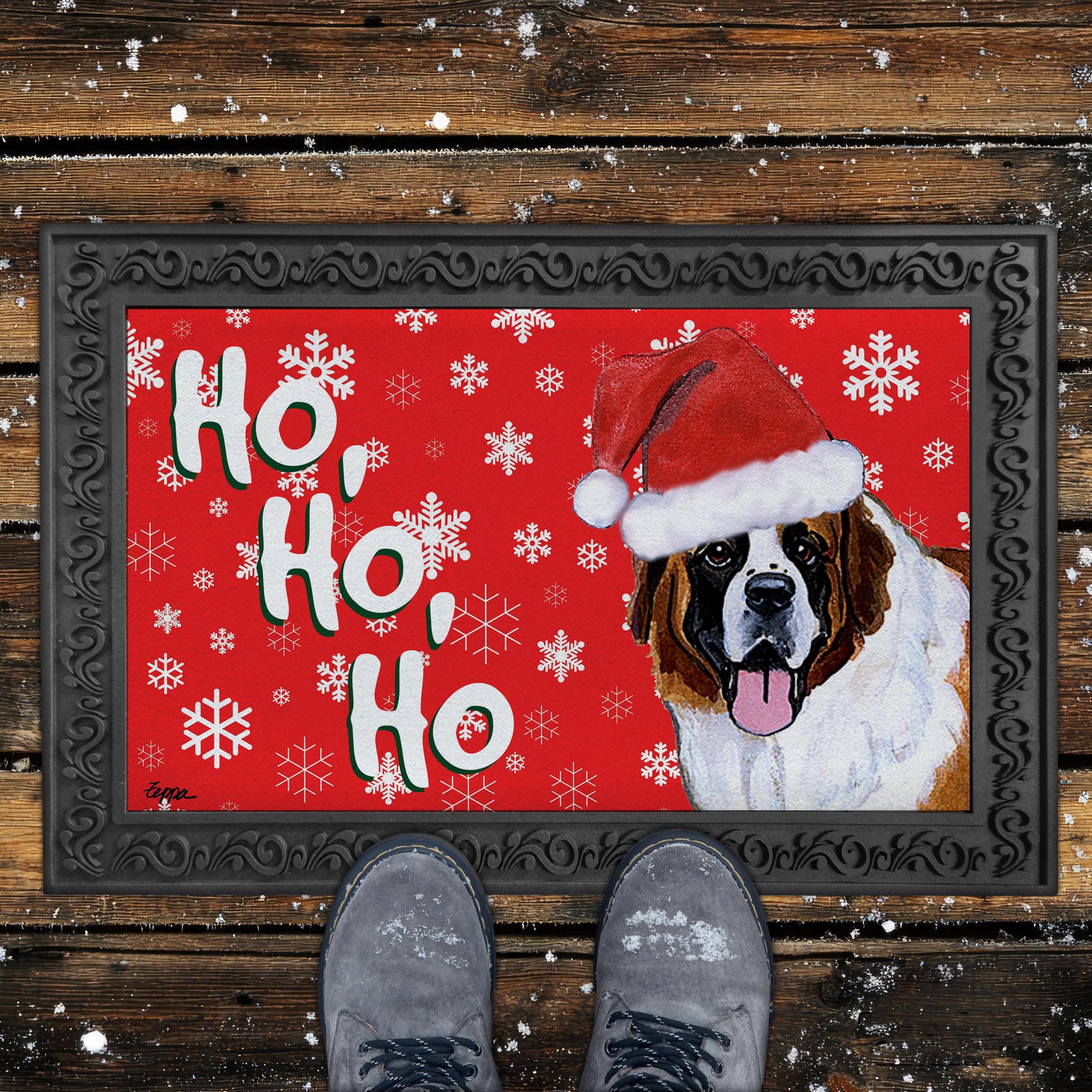 Saint Bernard Ho Ho Ho Door Mat in Red
