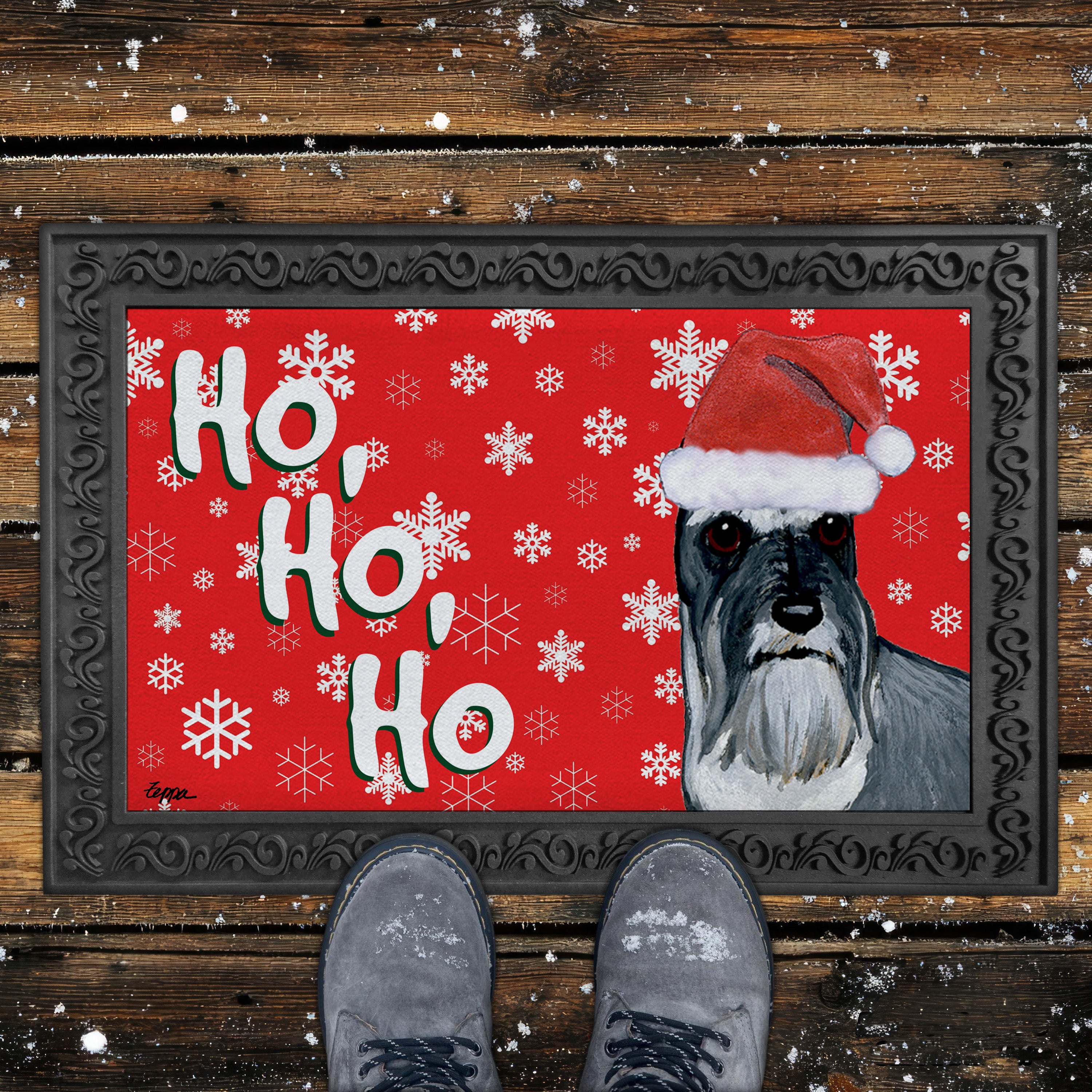 Schnauzer Standing Ho Ho Ho Door Mat in Red