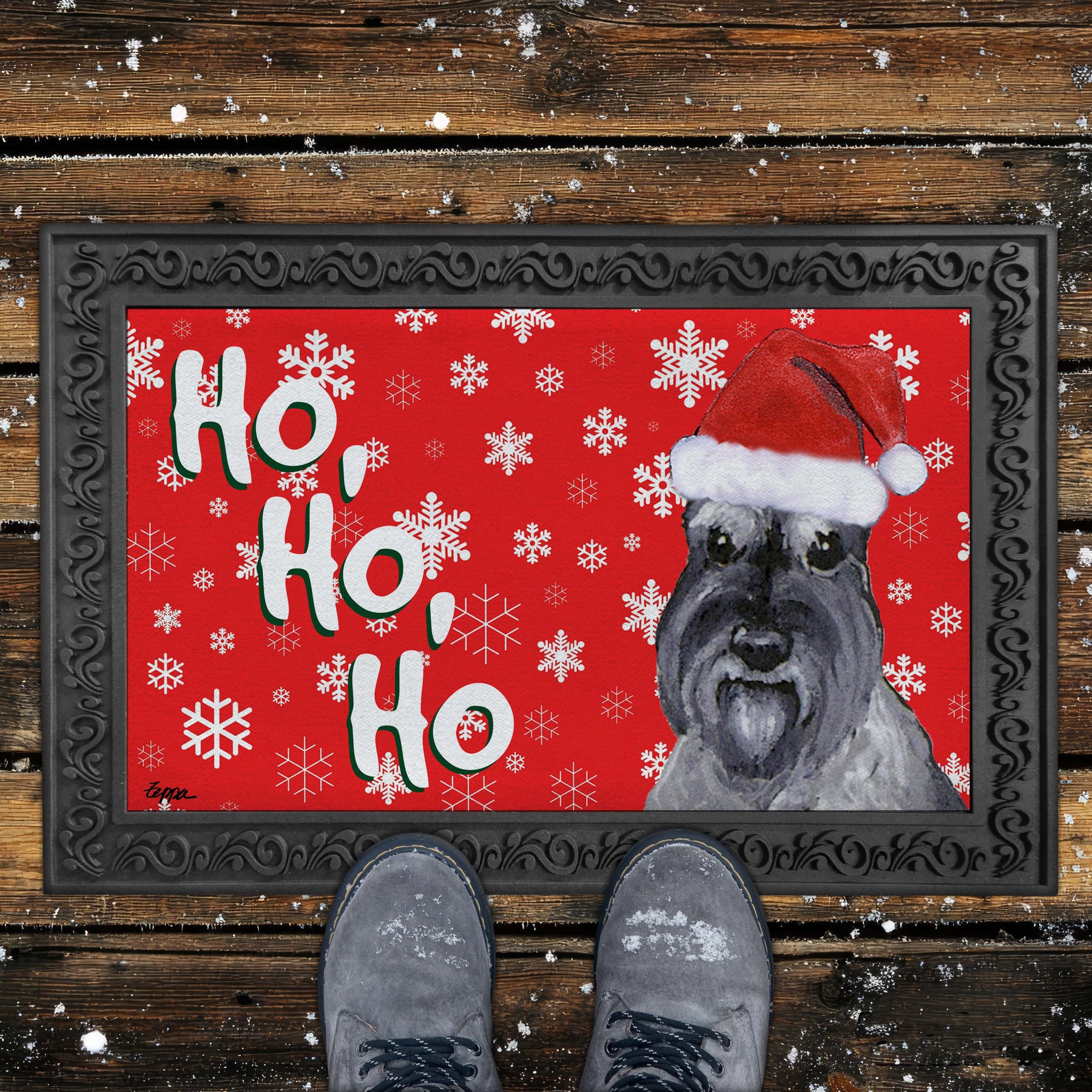 Schnauzer Ho Ho Ho Door Mat in Red