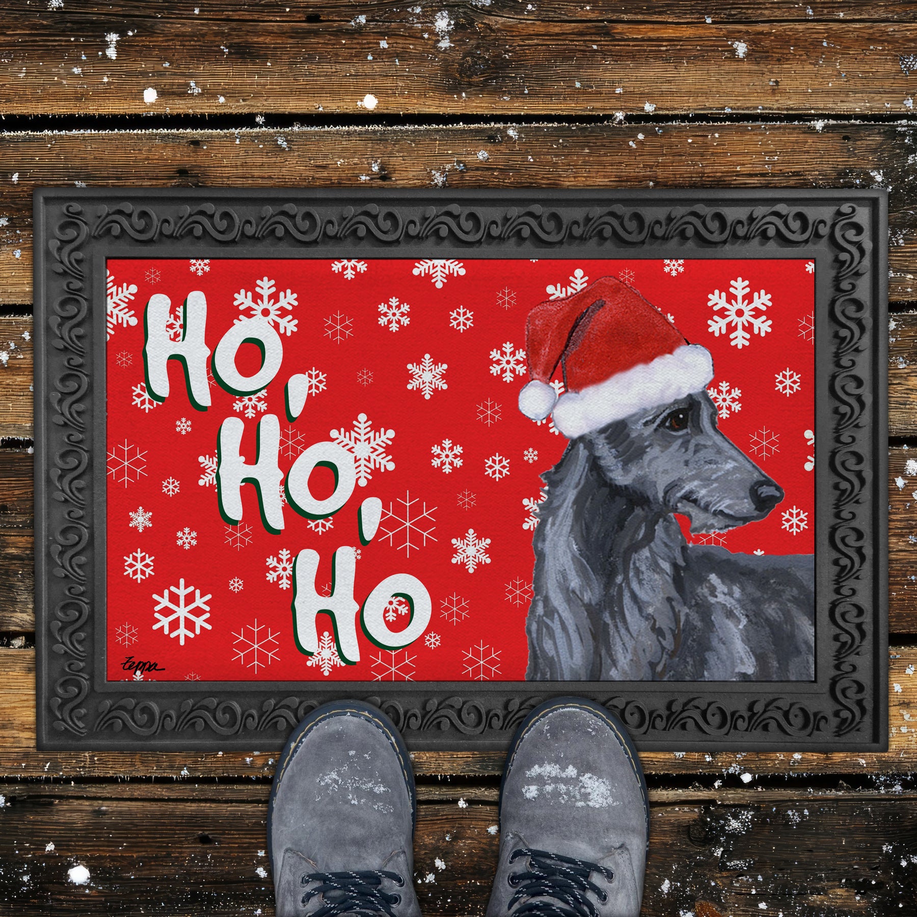 Scottish Deerhound Ho Ho Ho Door Mat in Red