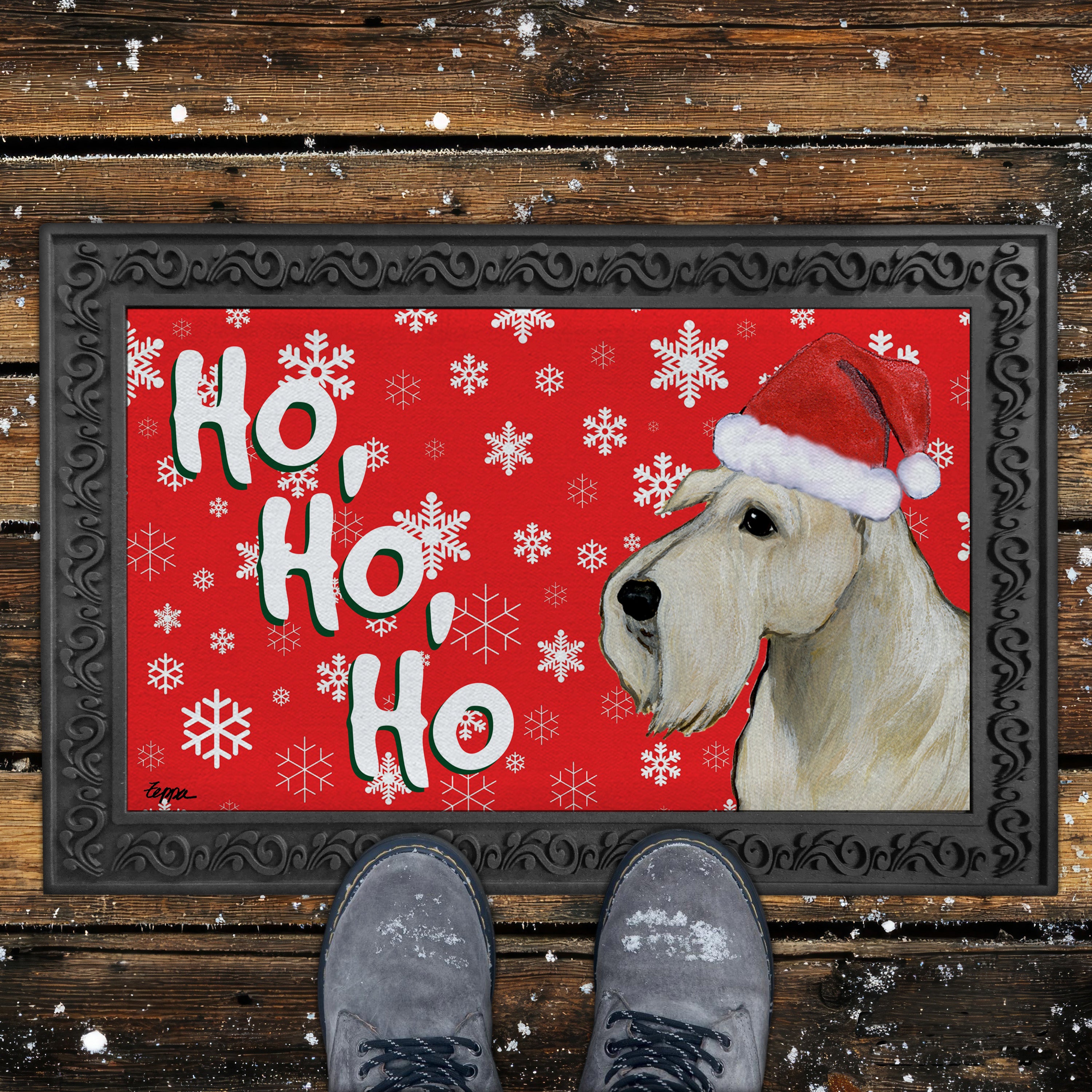 Wheaten Scottish Terrier Ho Ho Ho Door Mat in Red