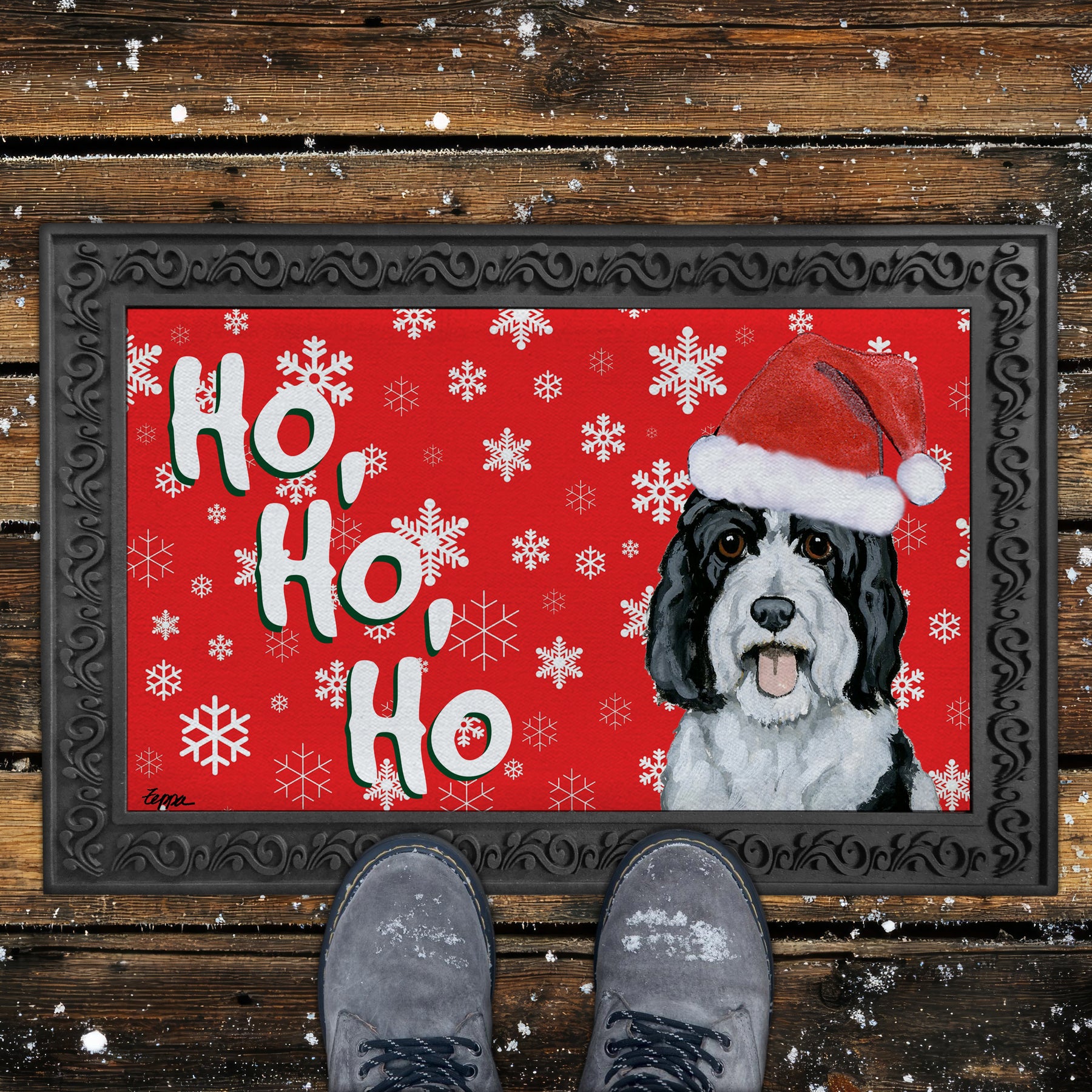 Sheepadoodle Ho Ho Ho Door Mat in Red