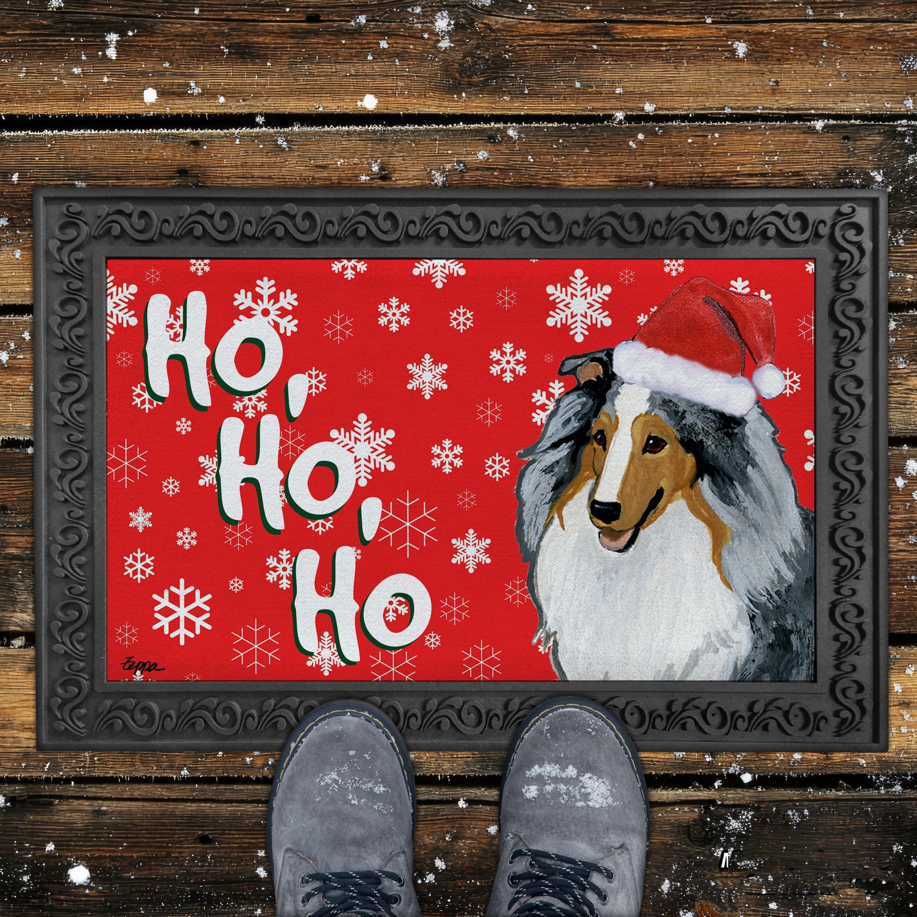 Blue Merle Shetland Sheepdog Ho Ho Ho Door Mat in Red