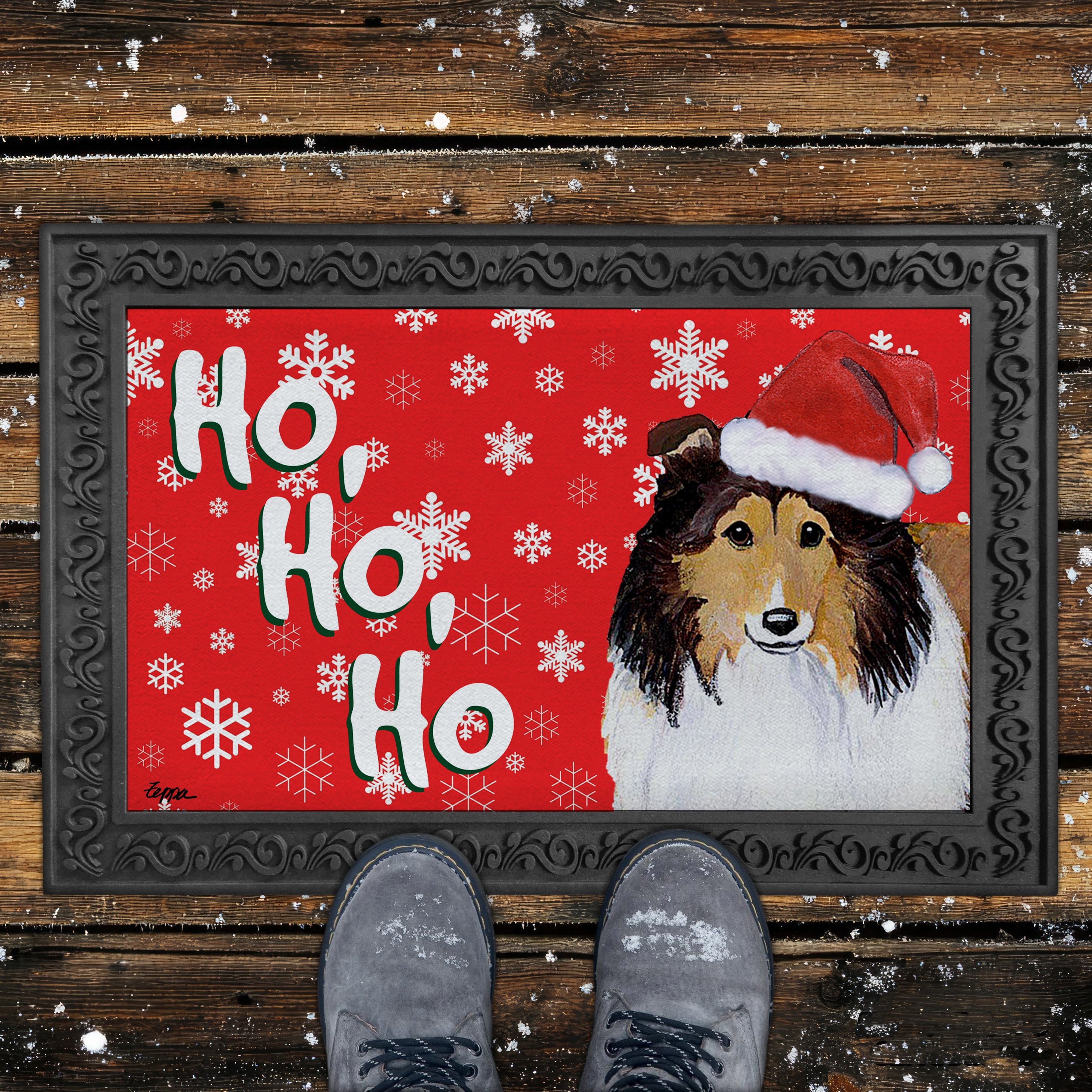 Shetland Sheepdog Ho Ho Ho Door Mat in Red