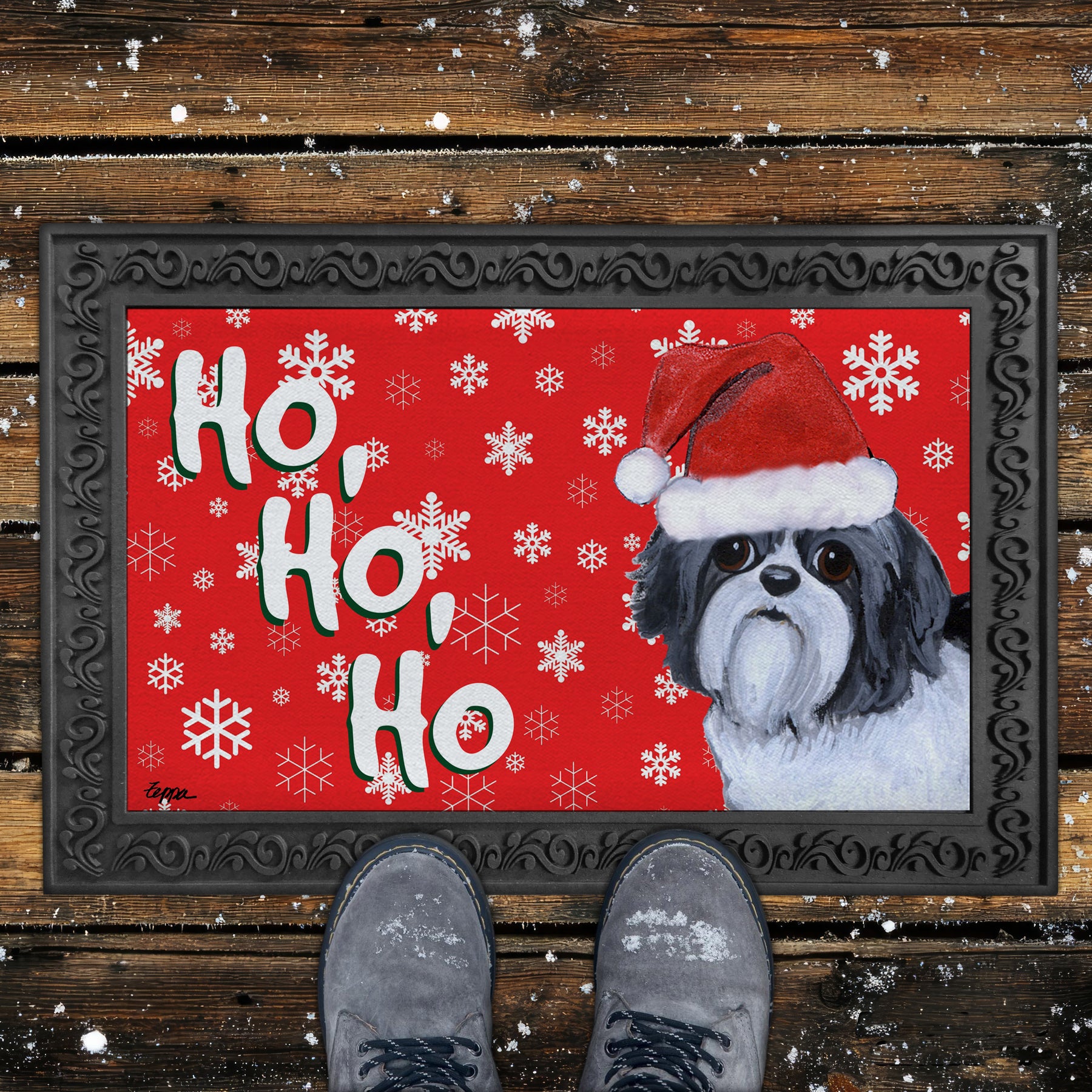 Shih Tu Puppy Clip Ho Ho Ho Door Mat in red.