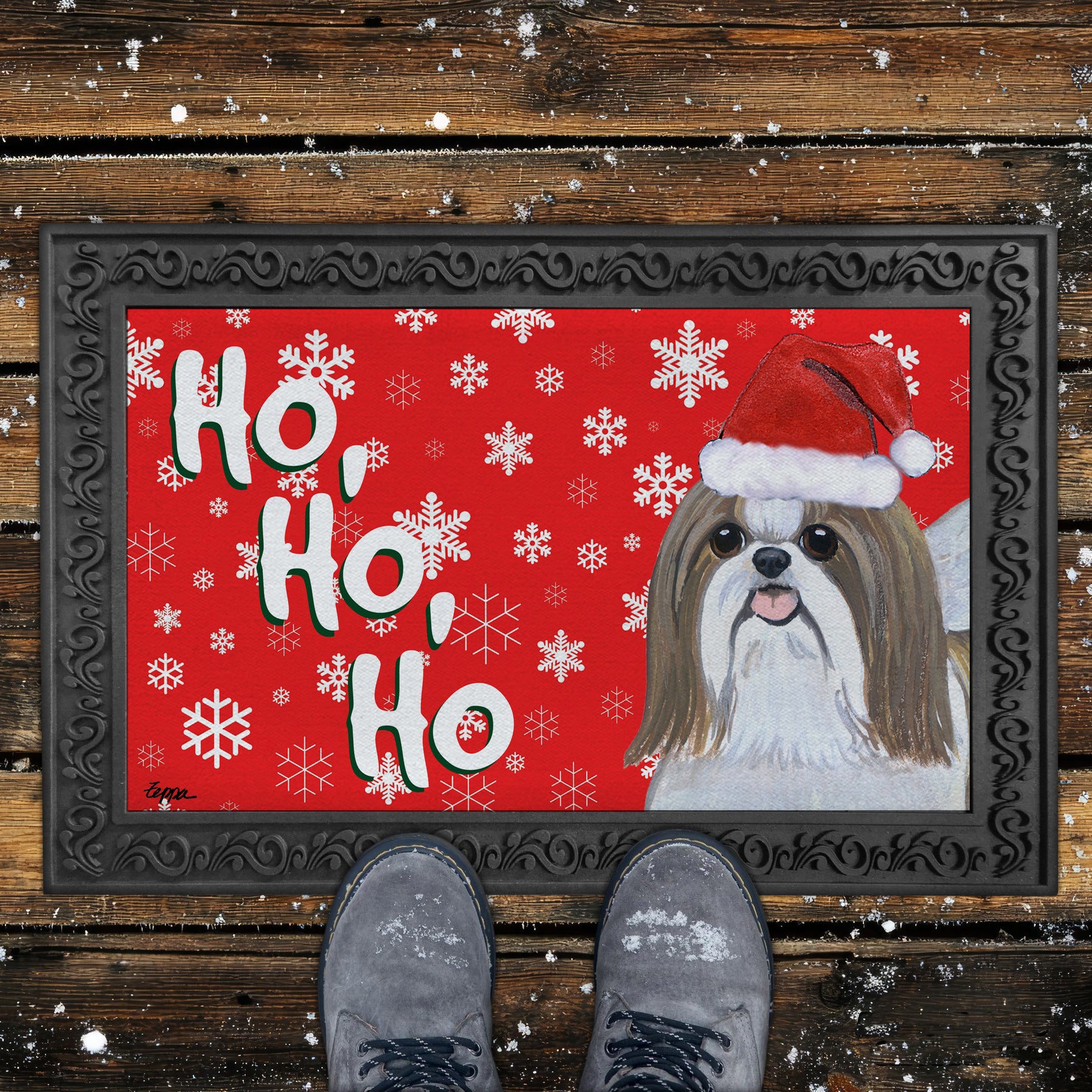 Tan and White Shih Tzu Ho Ho Ho Door Mat in Red