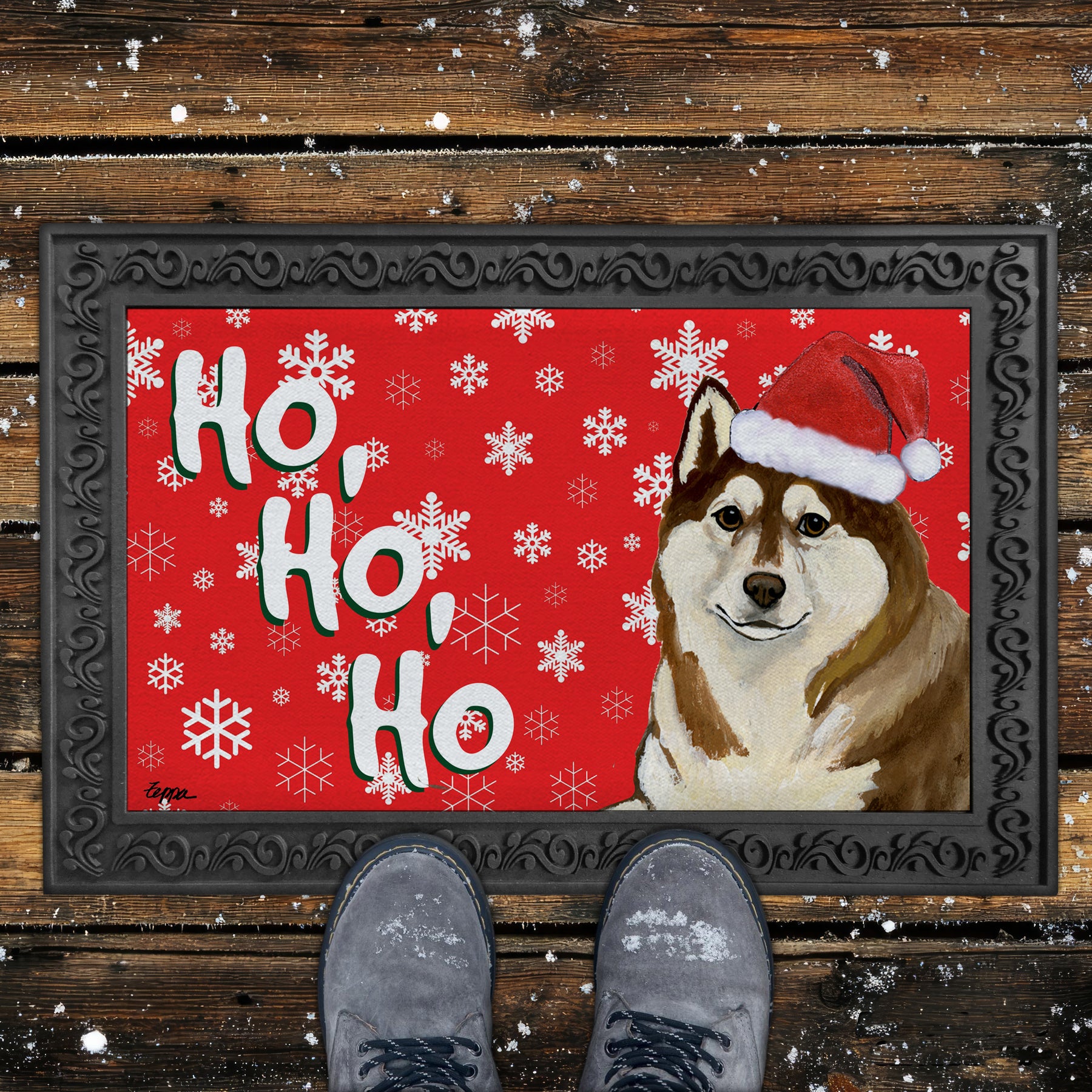 Copper Siberian Husky Ho Ho Ho Door Mat in Red