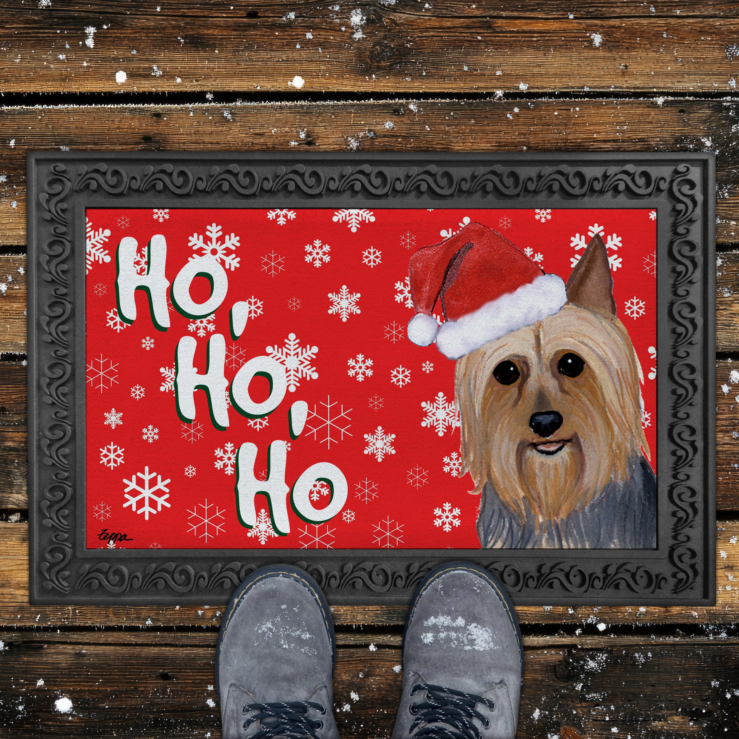 Silky Terrier Ho Ho Ho Door Mat in Red
