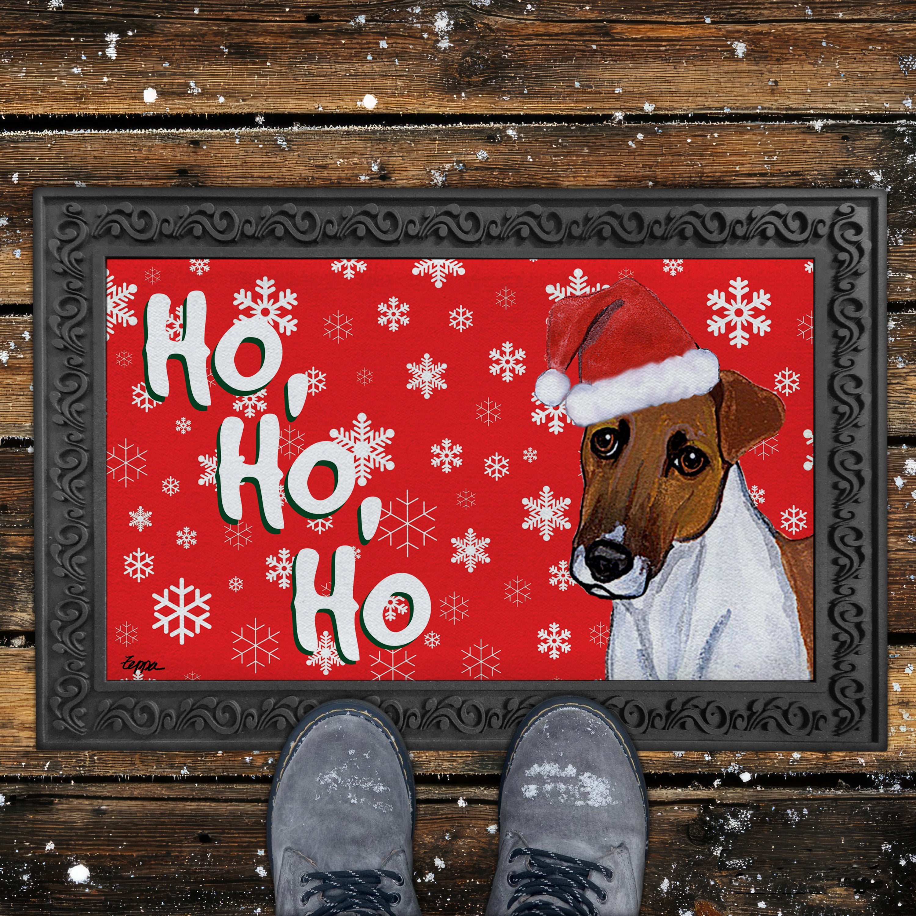 Smooth Fox Terrier Ho Ho Ho Door Mat in Red