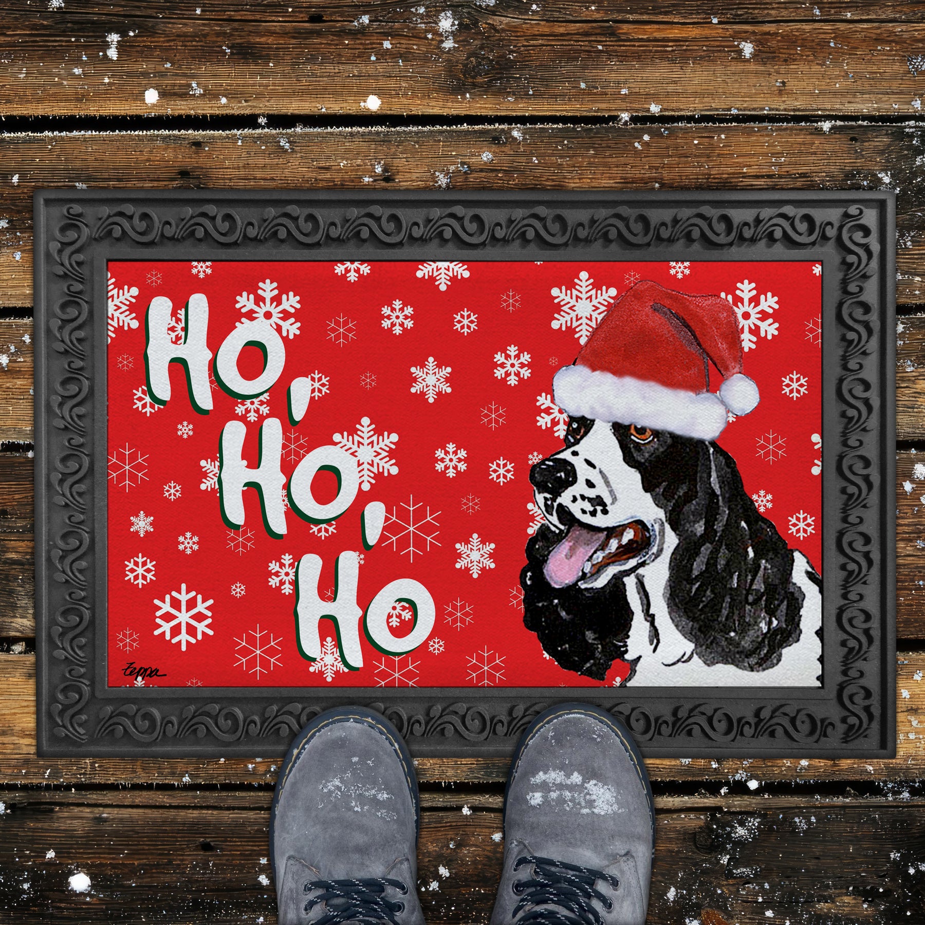 Black and White Springer Spaniel Ho Ho Ho Door Mat in Red
