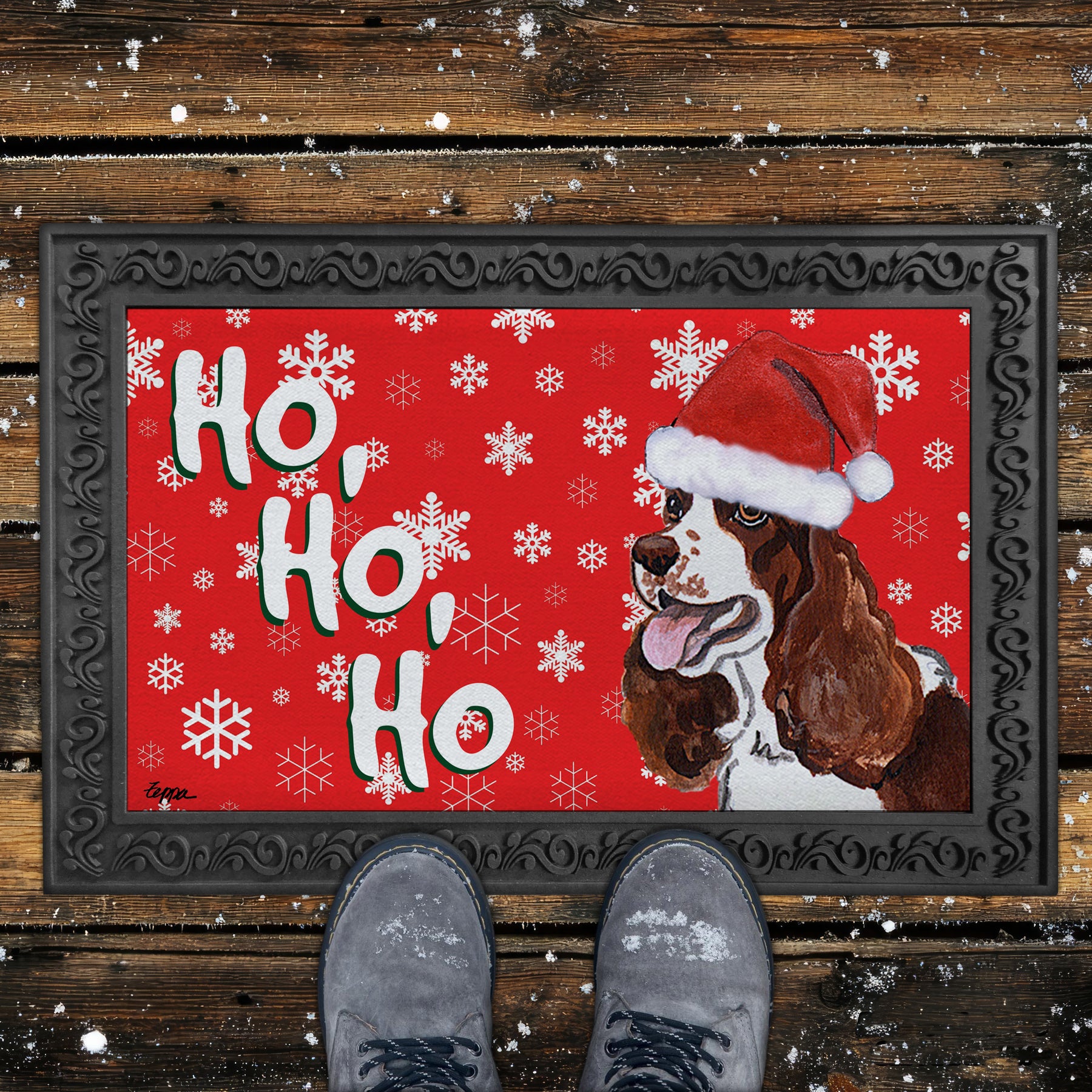 Springer Spaniel Ho Ho Ho Door Mat in Red