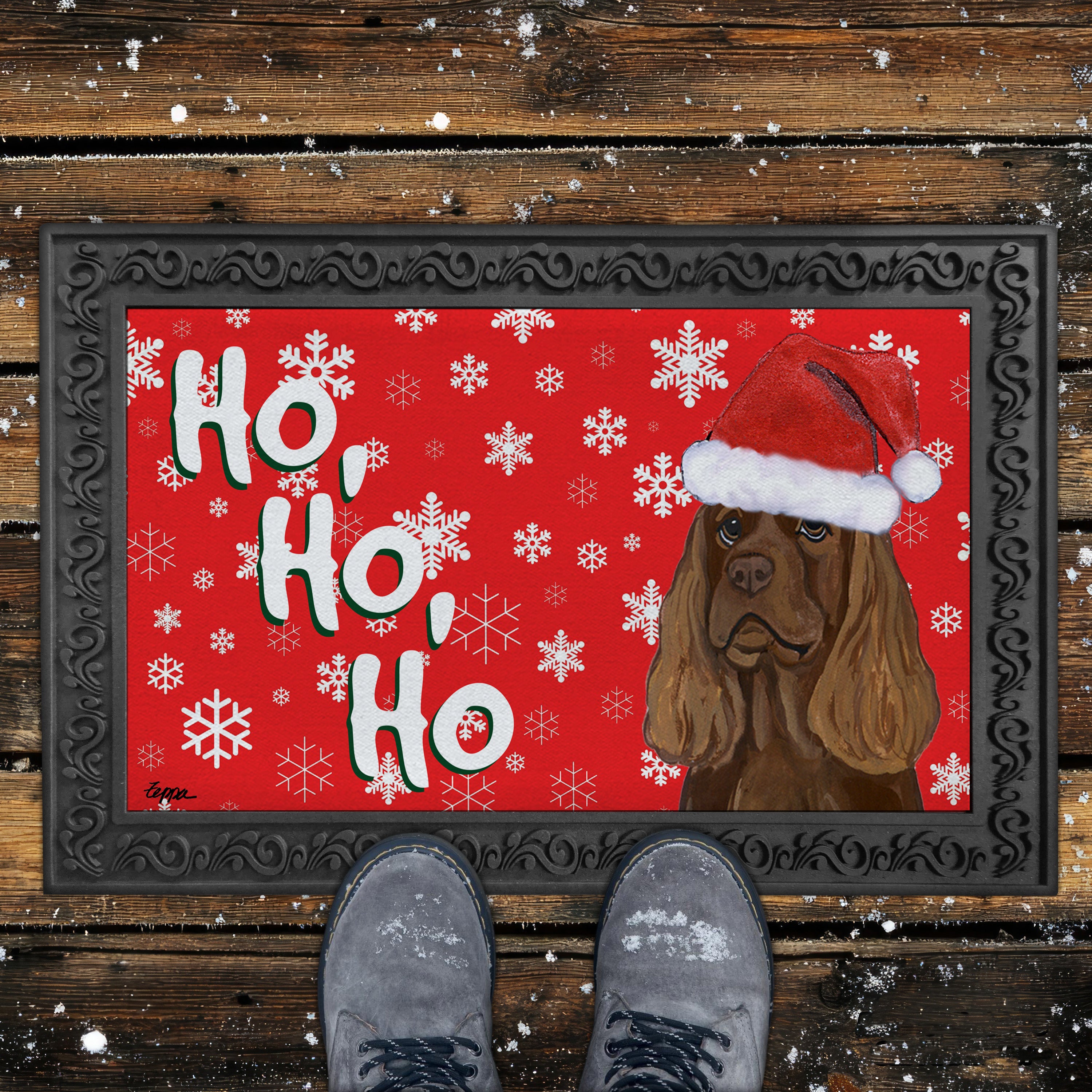 Sussex Spaniel Ho Ho Ho Door Mat in Red