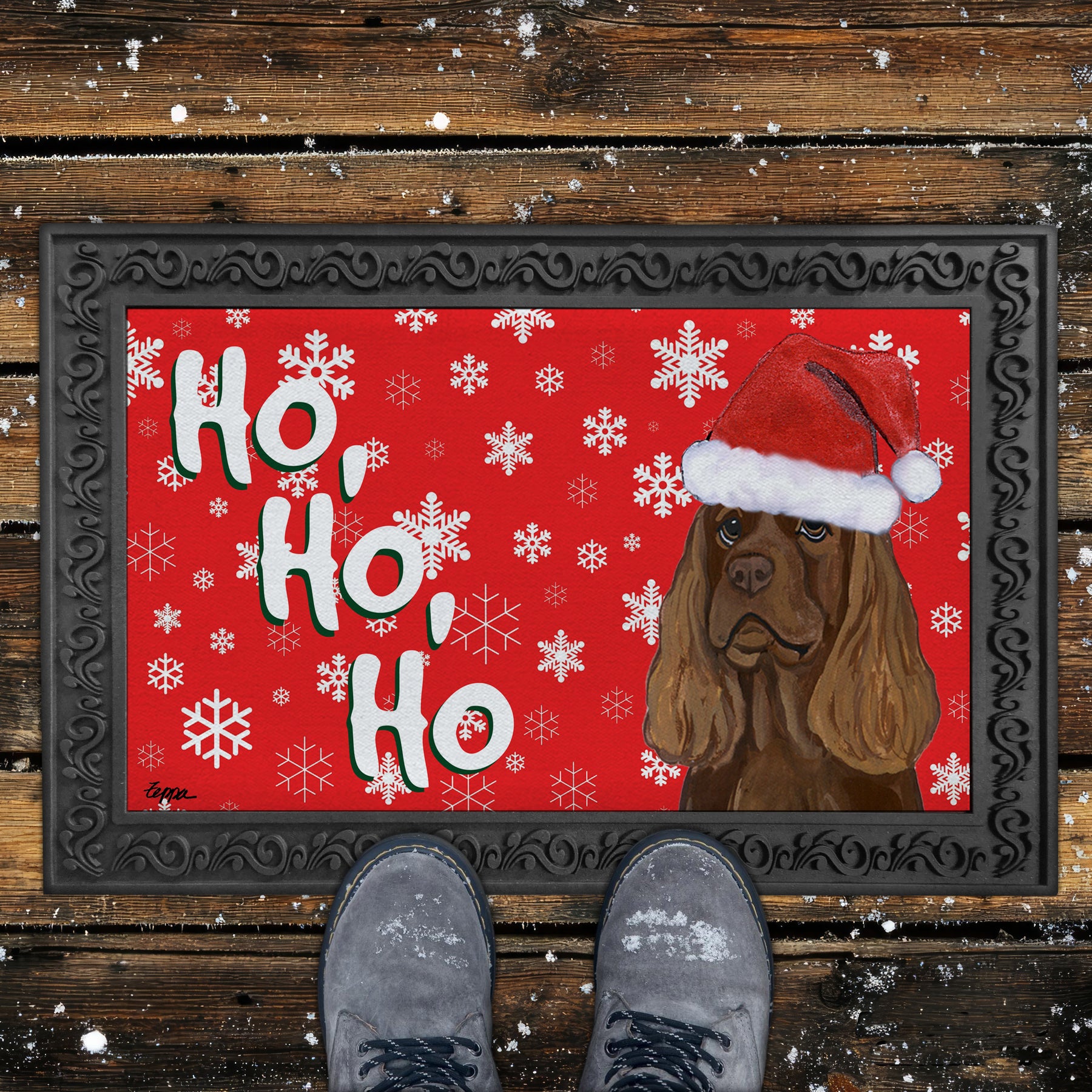 Sussex Spaniel Ho Ho Ho Door Mat in Red