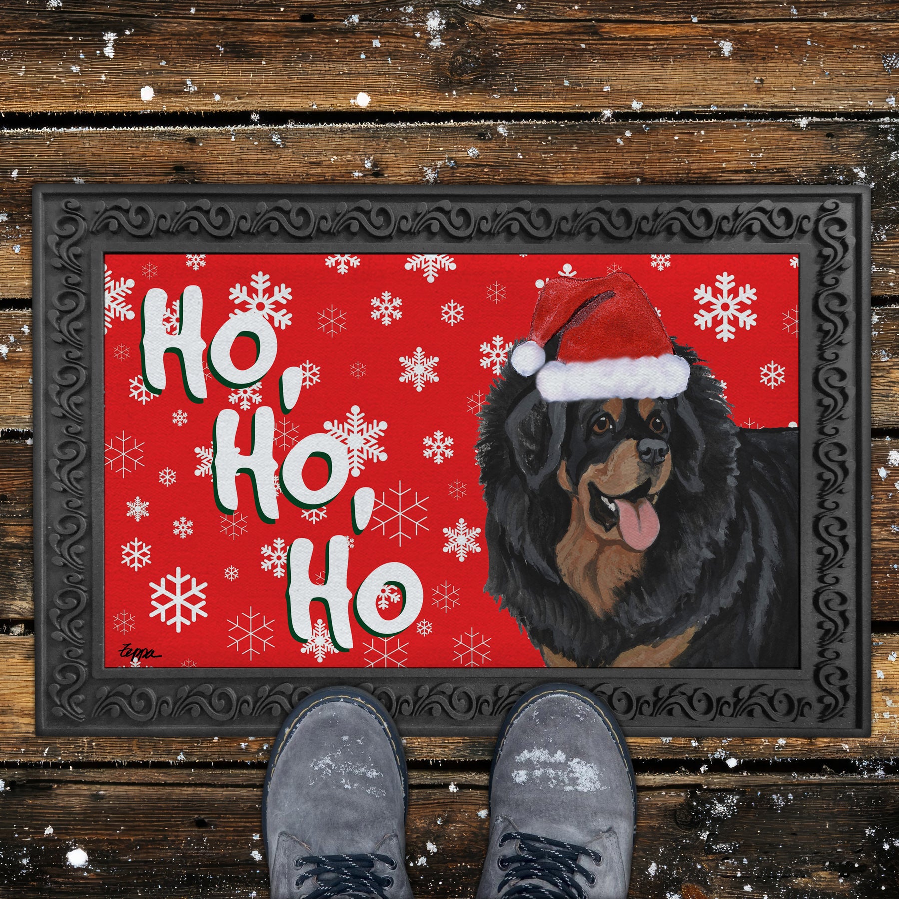 Tibetan Mastiff Ho Ho Ho Door Mat in Red