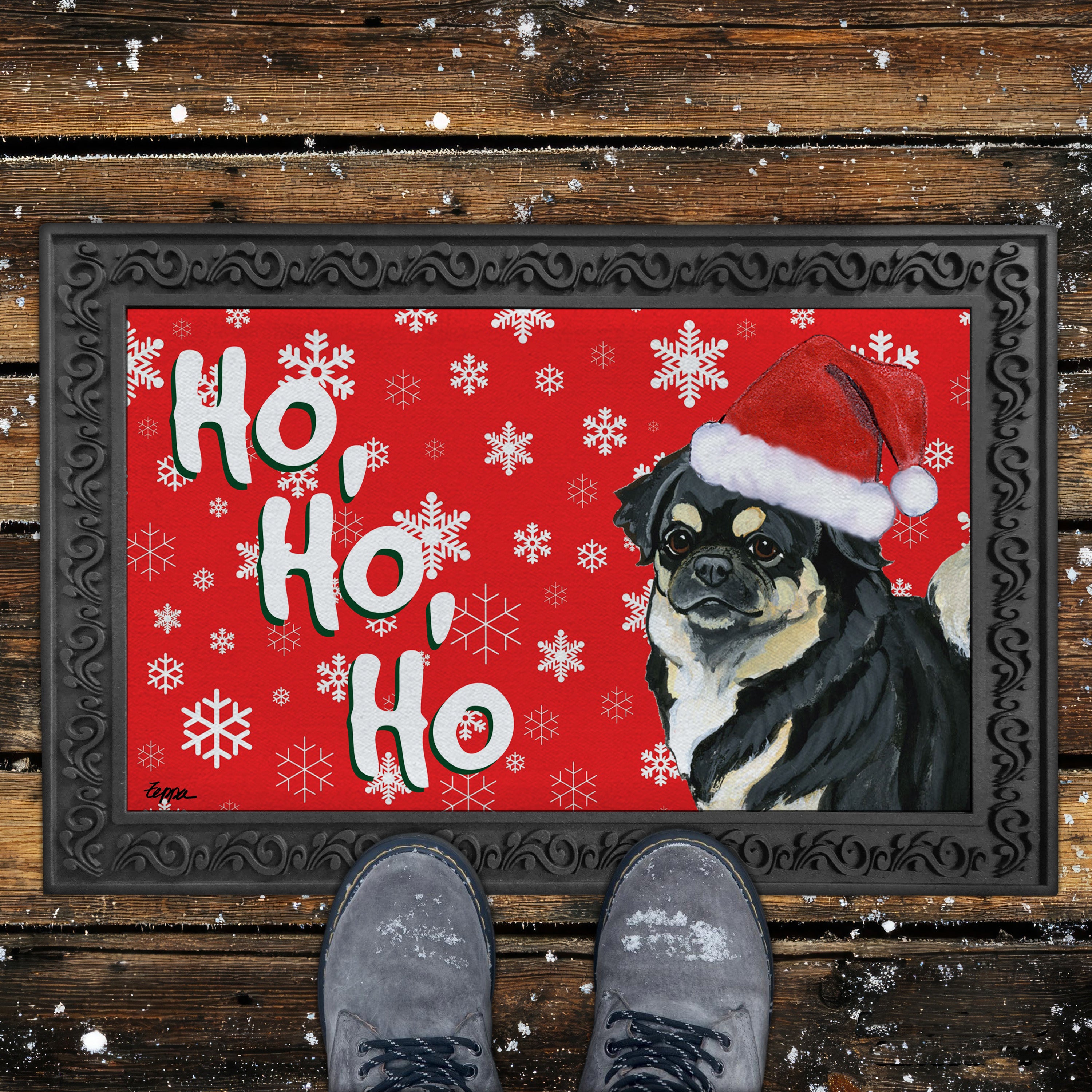 Black and Tan Tibetan Spaniel Ho Ho Ho Door Mat in Red