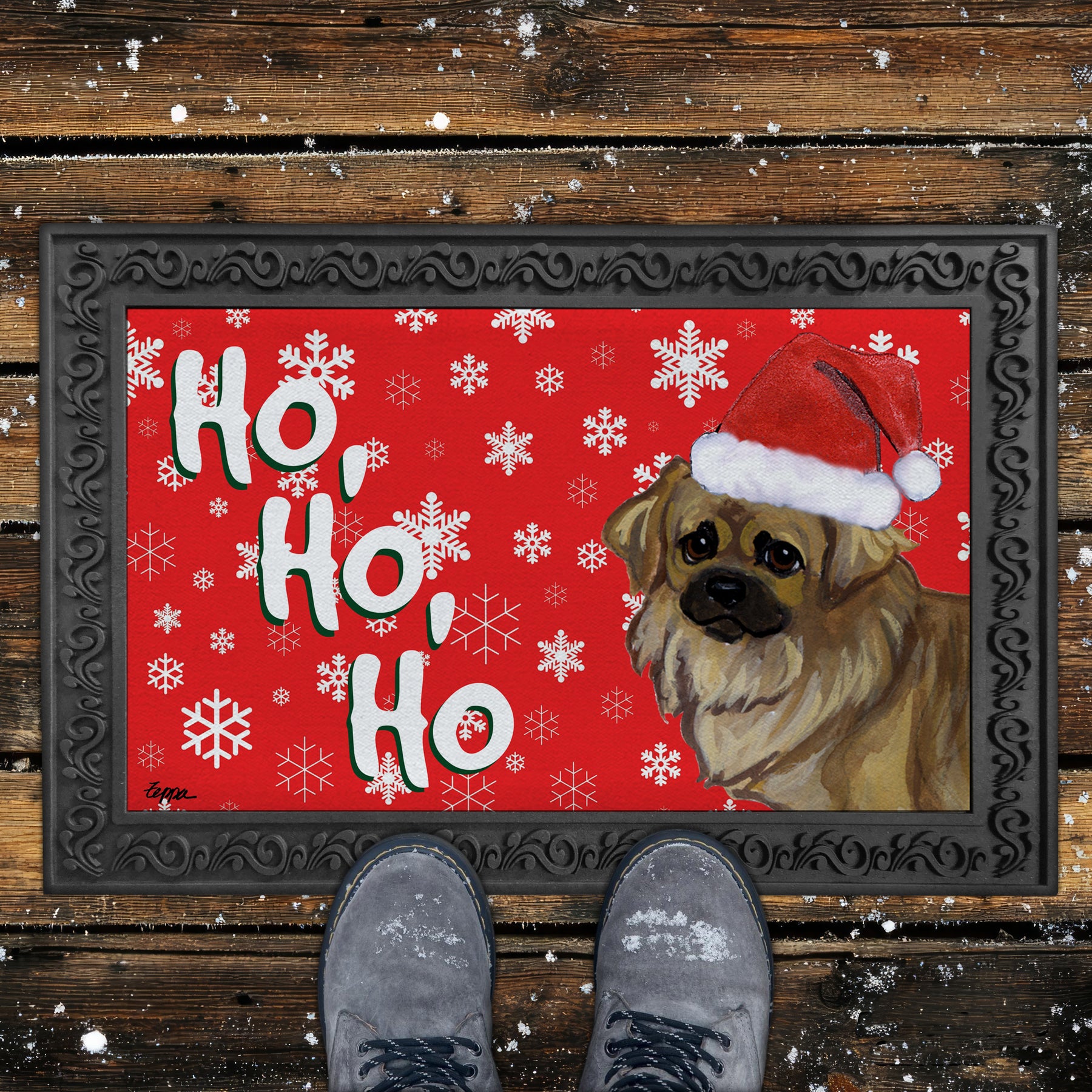 Tibetan Spaniel Ho Ho Ho Door Mat in Red