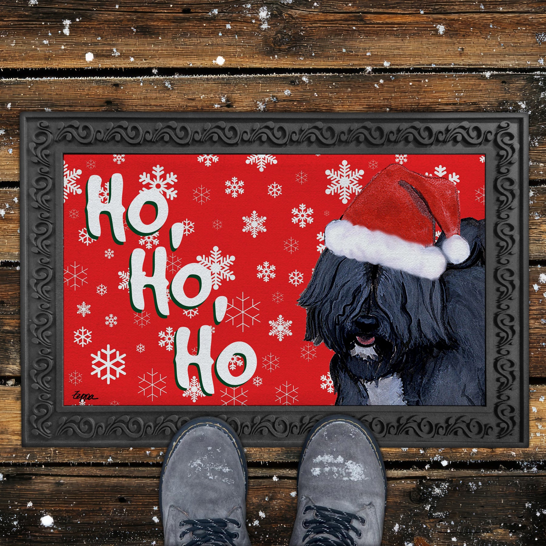Tibetan Terrier Ho Ho Ho Door Mat in Red