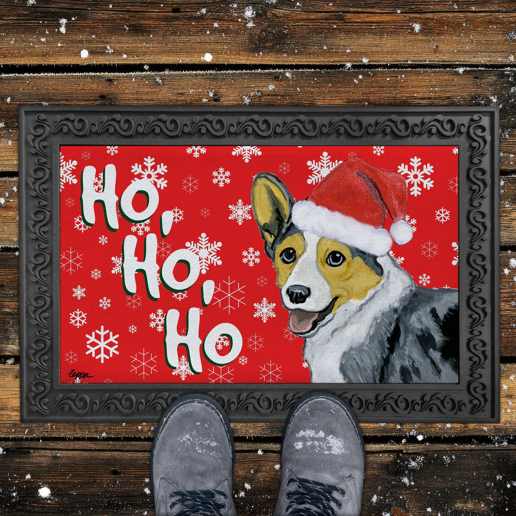Blue Merle Cardigan Welsh Corgi Door Mat in Red