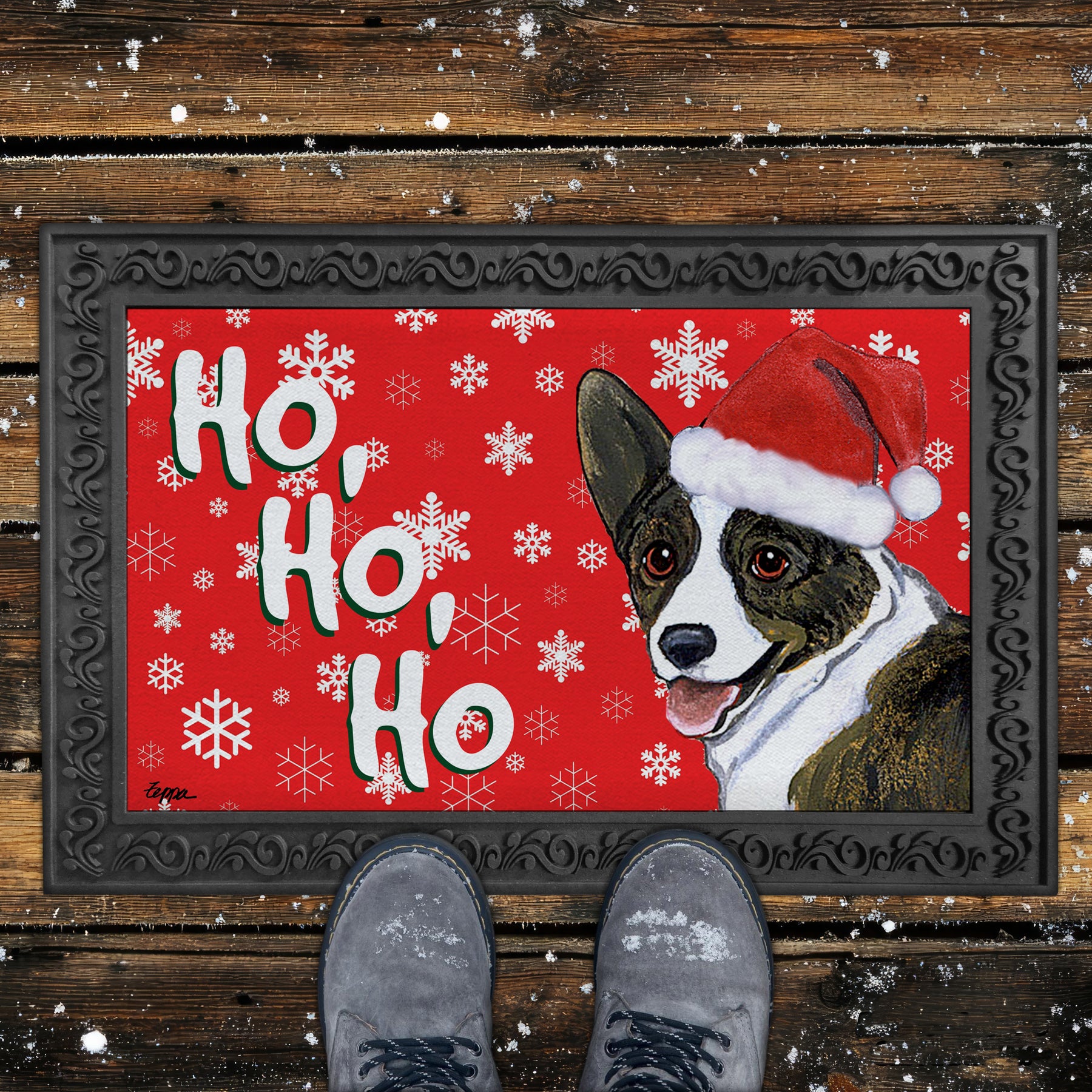Cardigan Welsh Corgi Ho Ho Ho Door Mat in Red