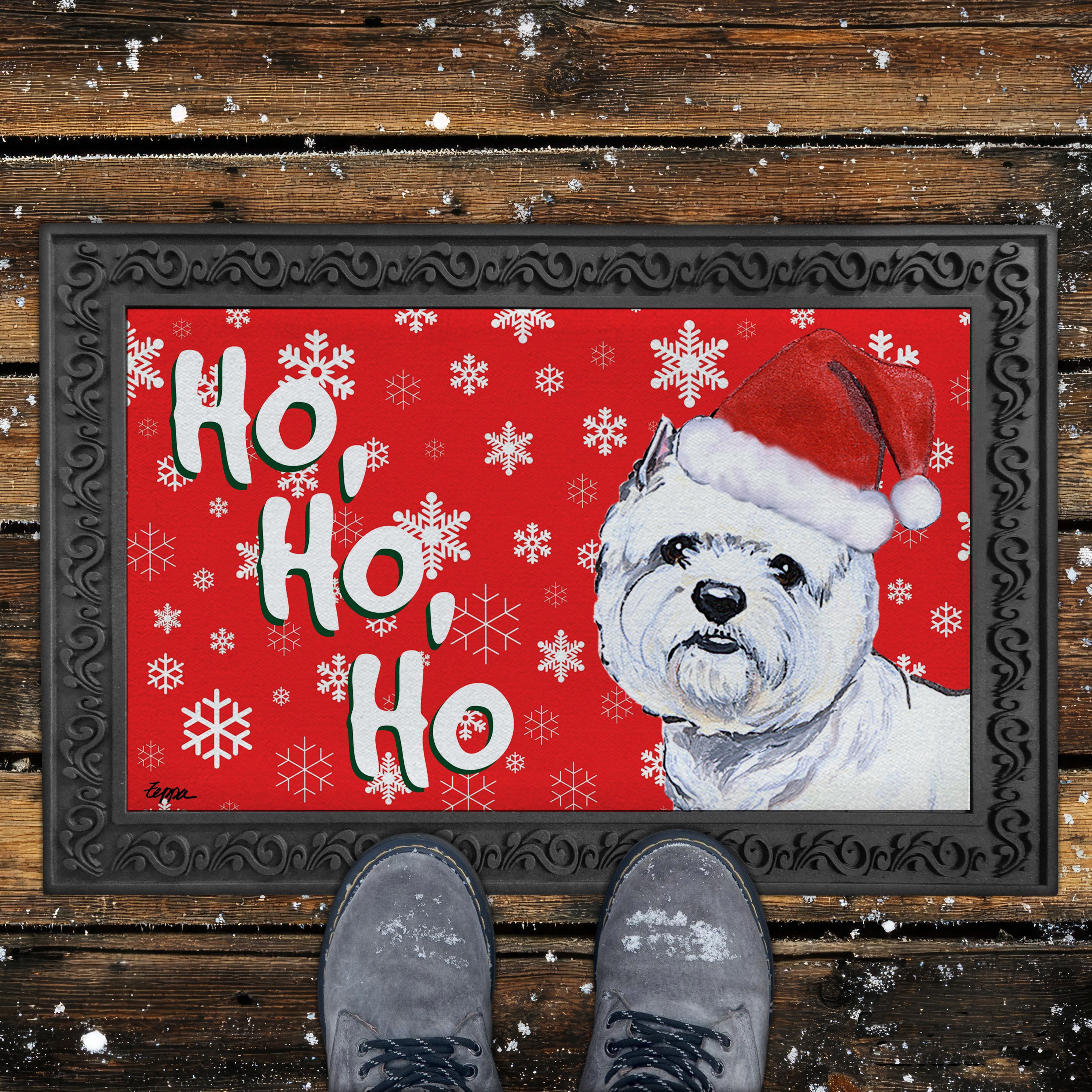 West Highland White Terrier Ho Ho Ho Door Mat in Red