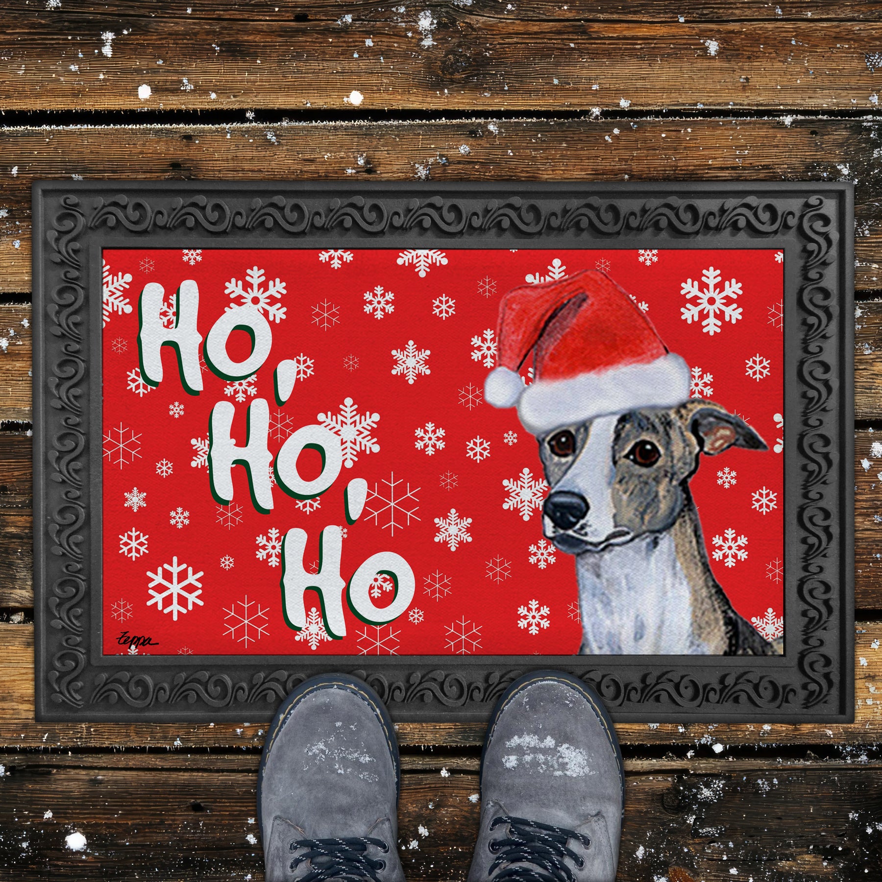 Whippet Ho Ho Ho Door Mat in REd