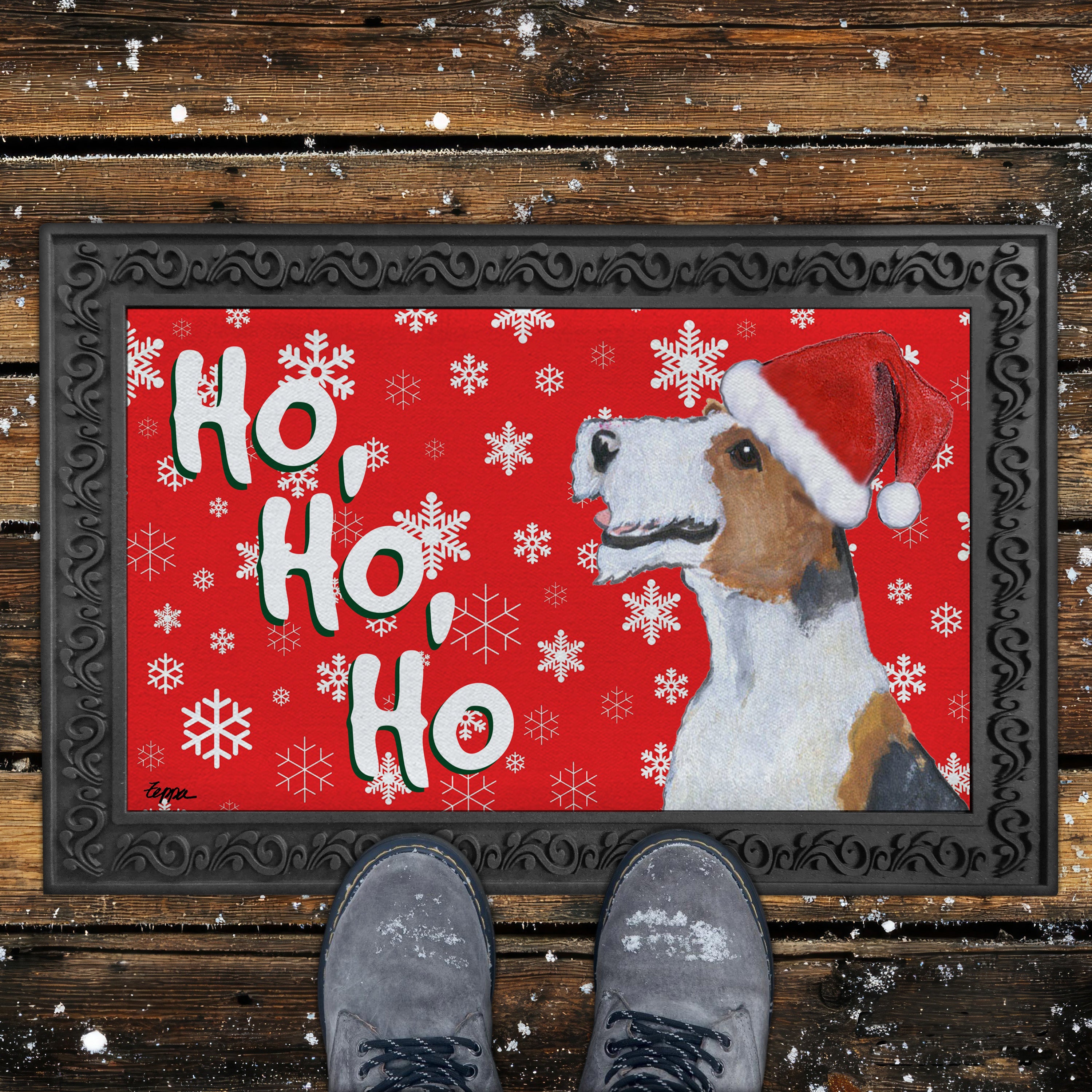 Wire Fox Terrier Ho Ho Ho Doormat in Red