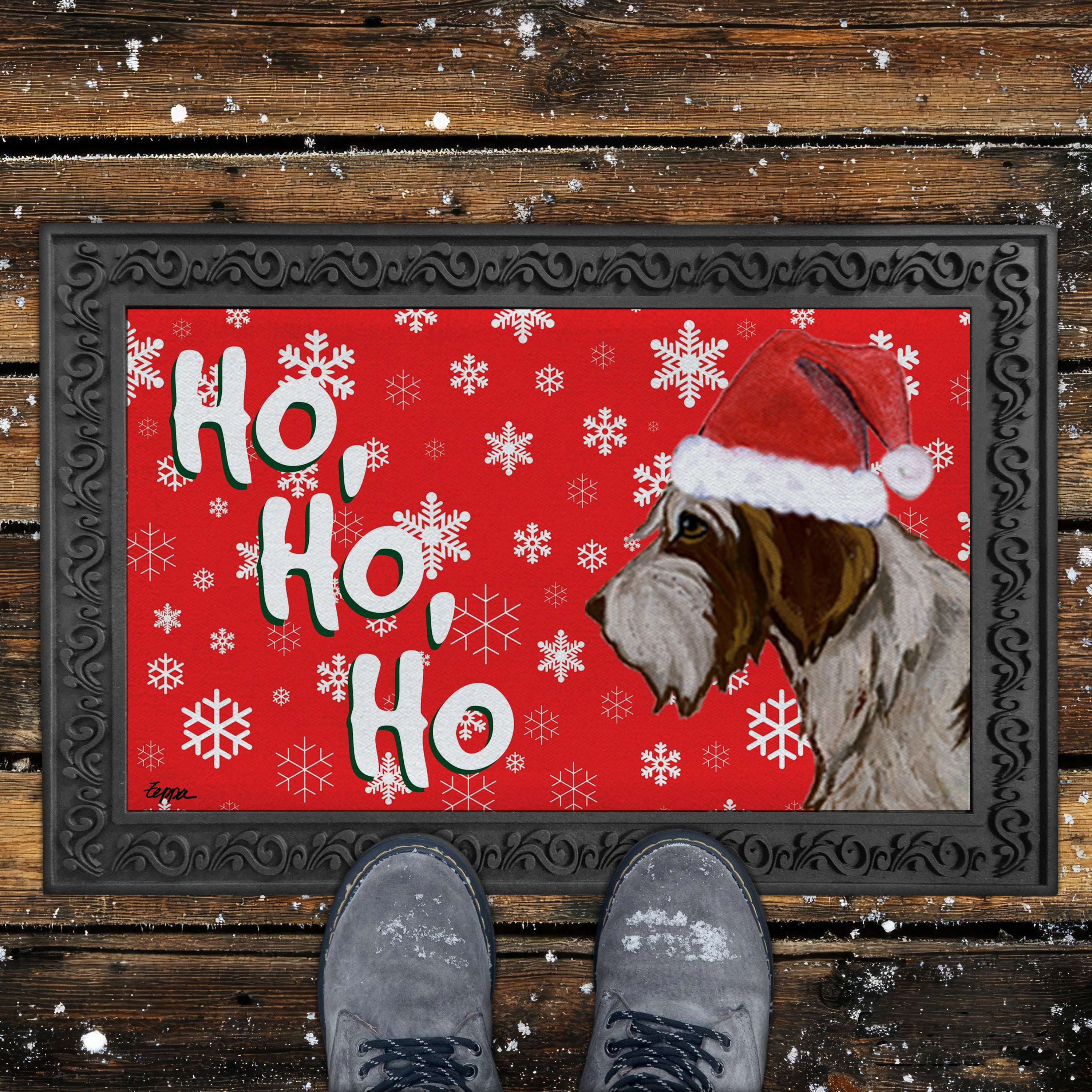 Wirehaired Pointing Griffon Ho Ho Ho Door Mat in Red
