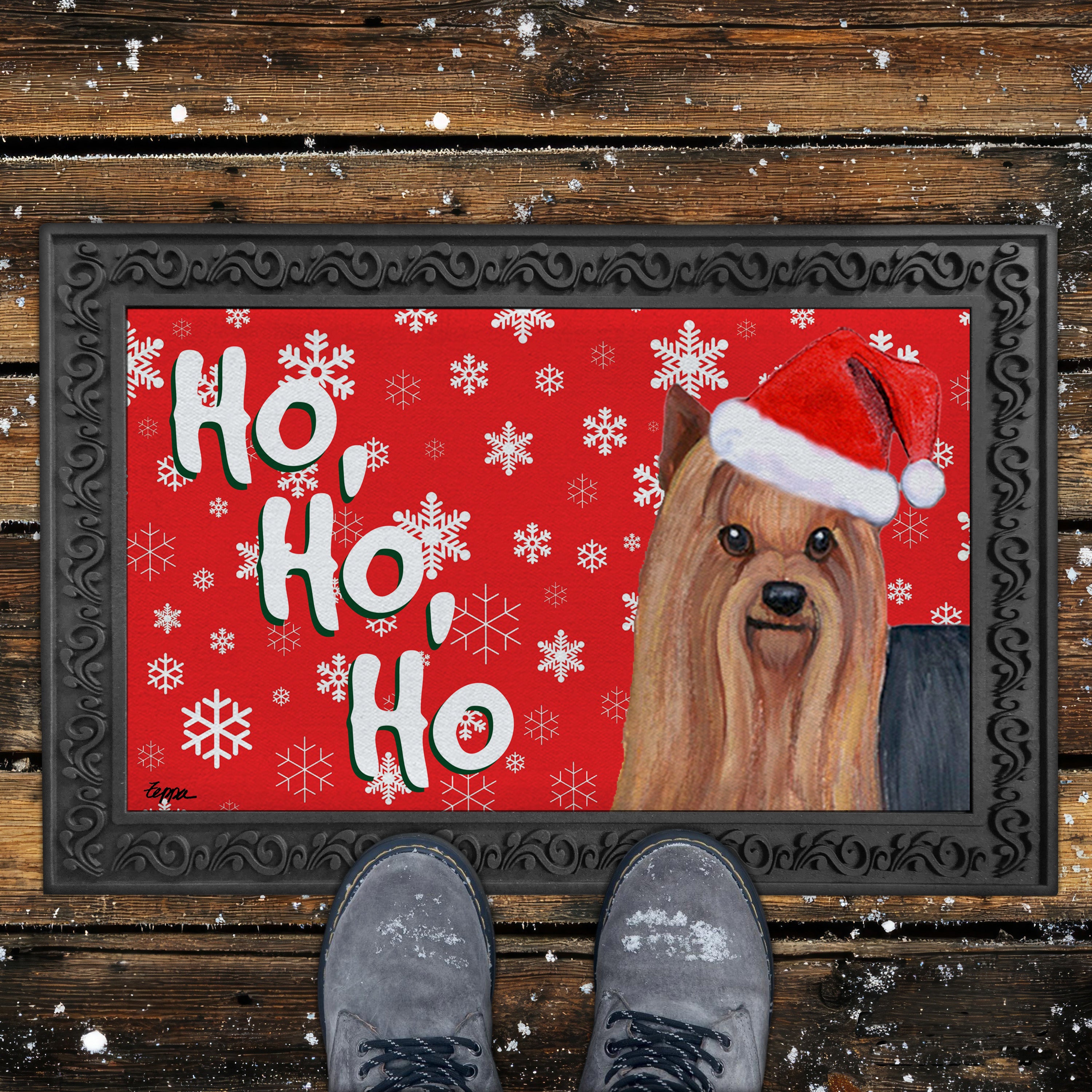Yorkshire Terrier Ho Ho Ho Doormat in Red