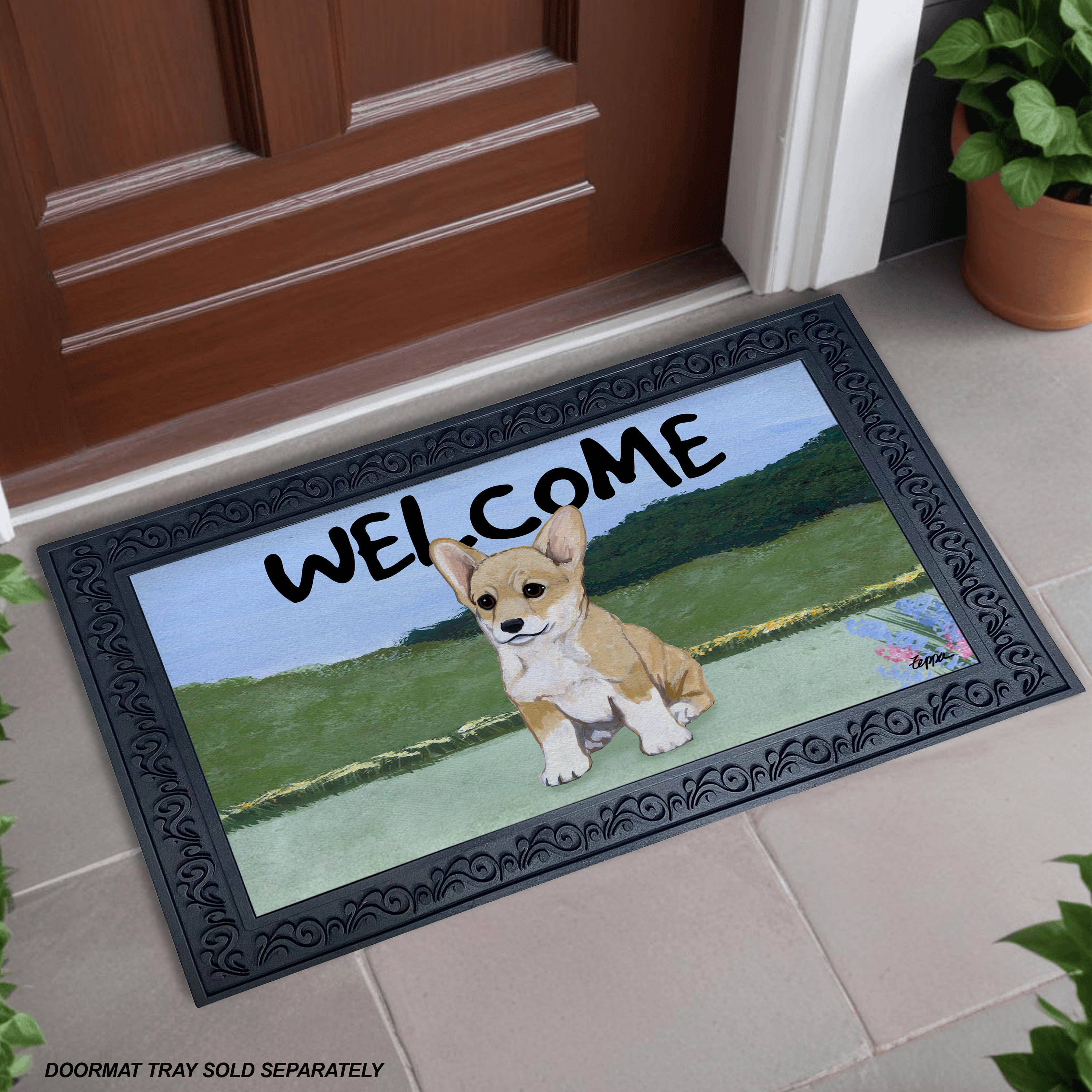 Pembroke Welsh Corgi Puppy Yard Scene Welcome Mat