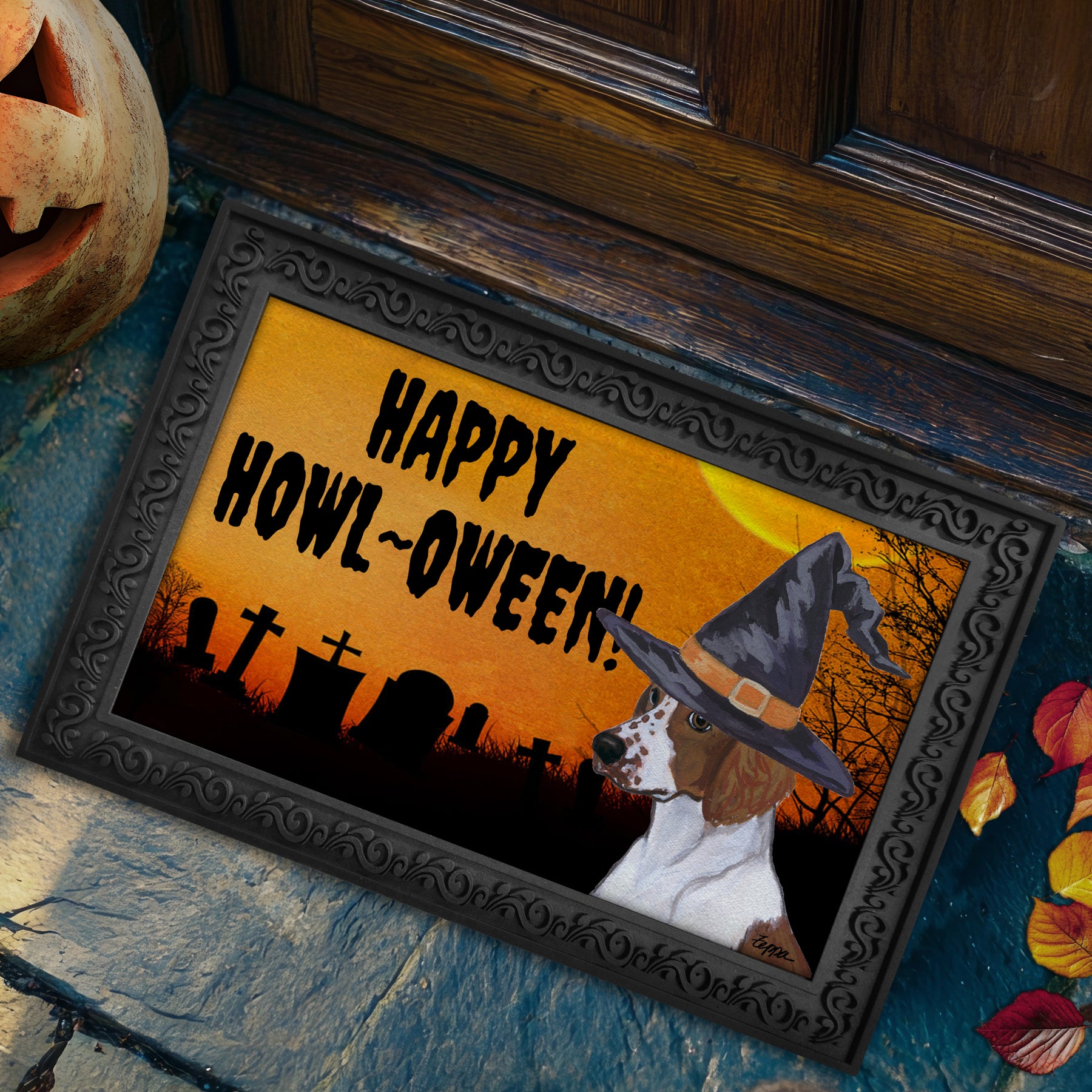 Halloween-themed doormat with a Welsh Springer Spaniel wearing a witch hat and 'Happy Howl-Oween!' text.