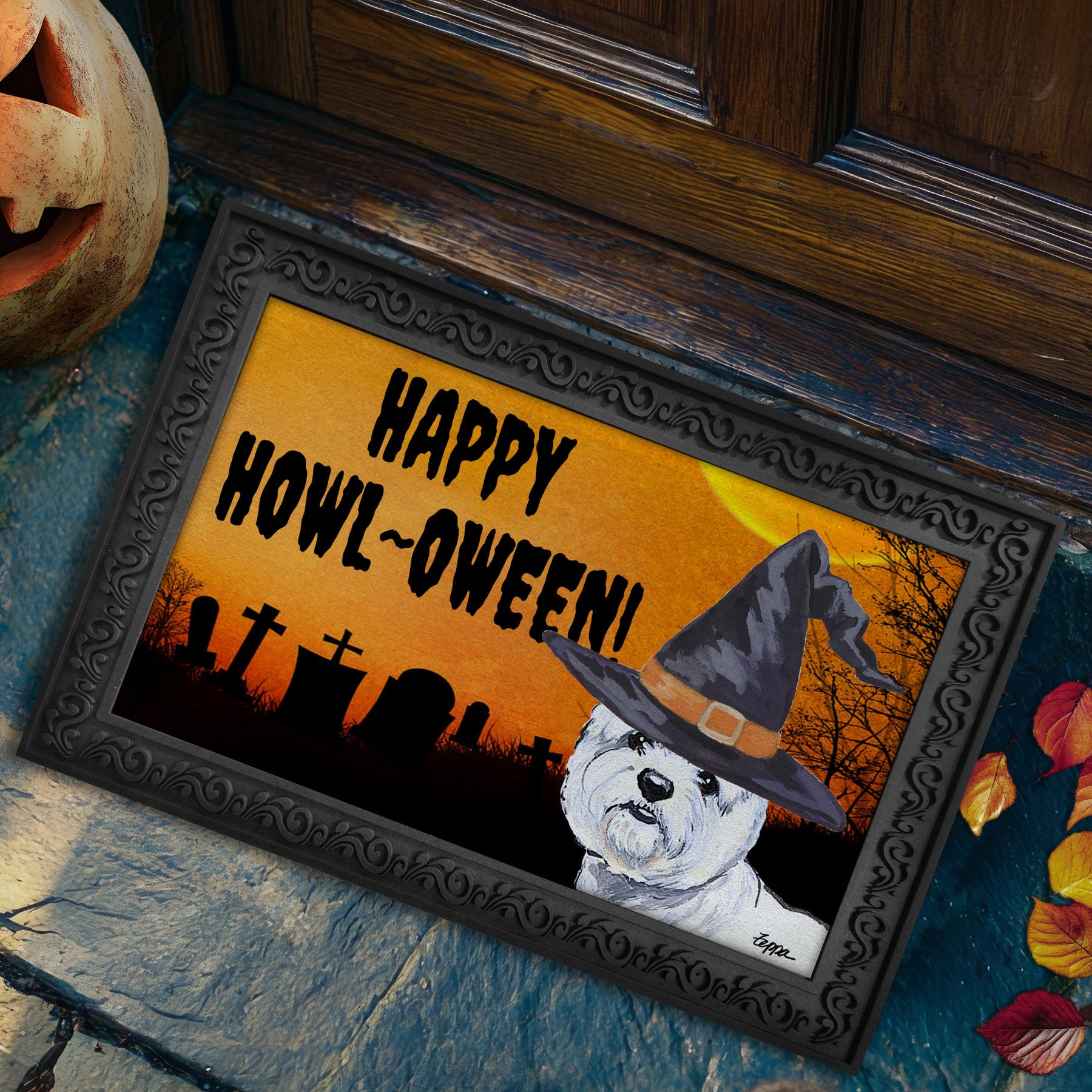 Halloween-themed doormat with a West Highland White Terrier wearing a witch hat and 'Happy Howl-Oween!' text.