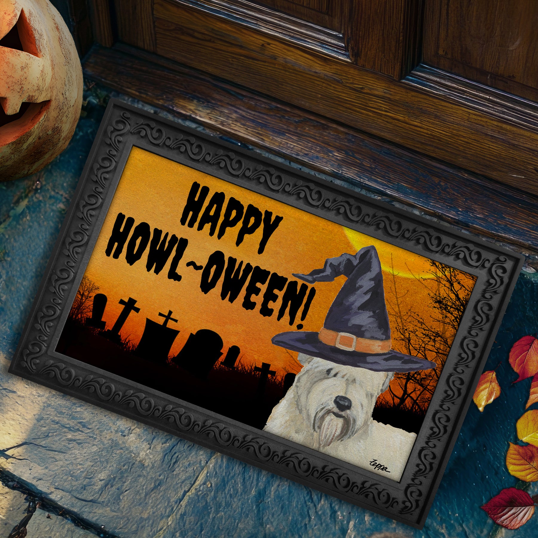 Halloween-themed doormat with a Wheaten Terrier wearing a witch hat and 'Happy Howl-Oween!' text.
